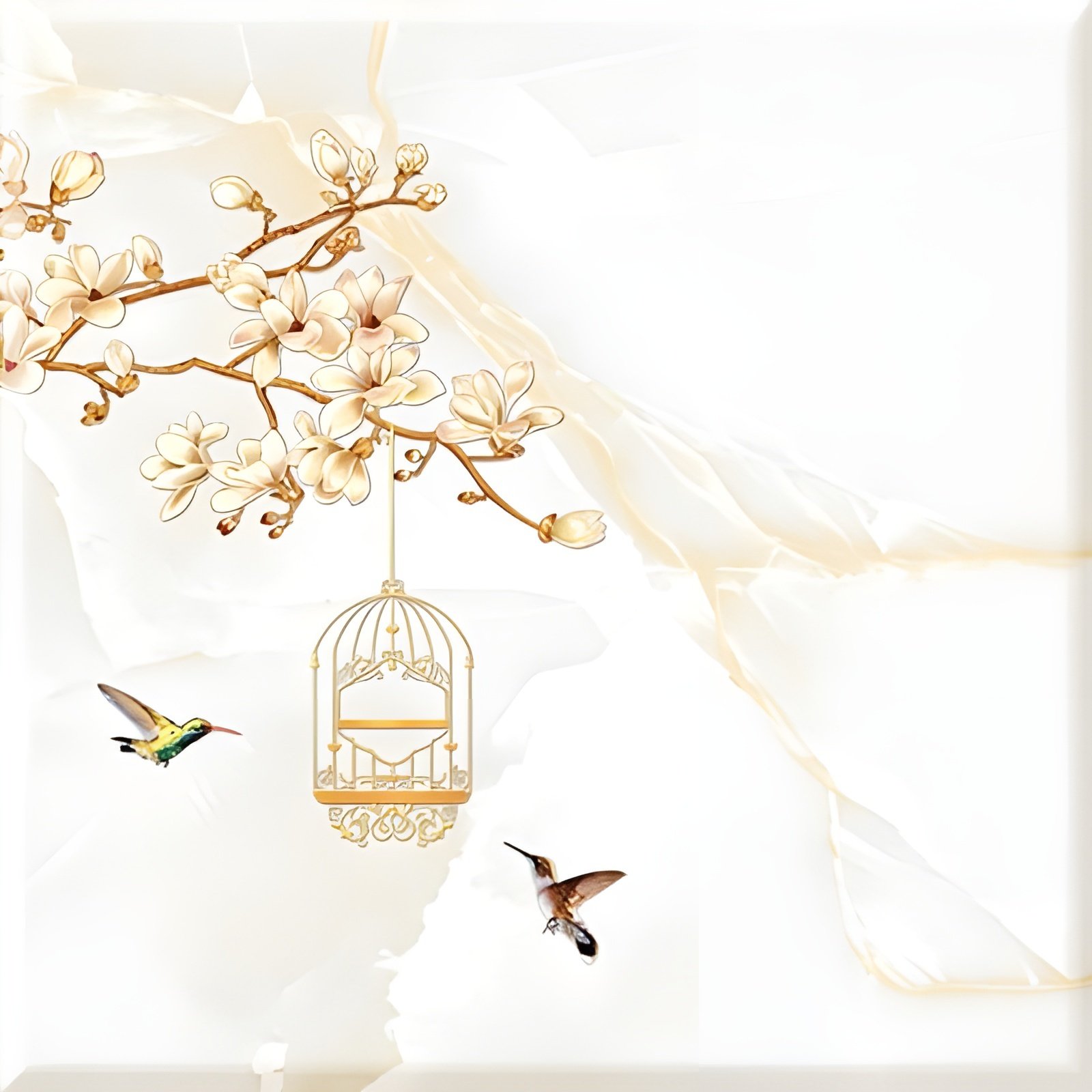 Elegant Gold Bird Cage Hangs From Delicate Blossoms With Hummingbirds In Dreamy White Setting Artwork
