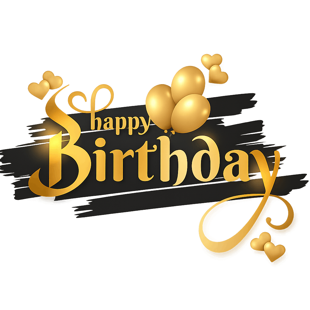 Elegant Gold Happy Birthday Greeting with Balloons and Hearts on Transparent Background