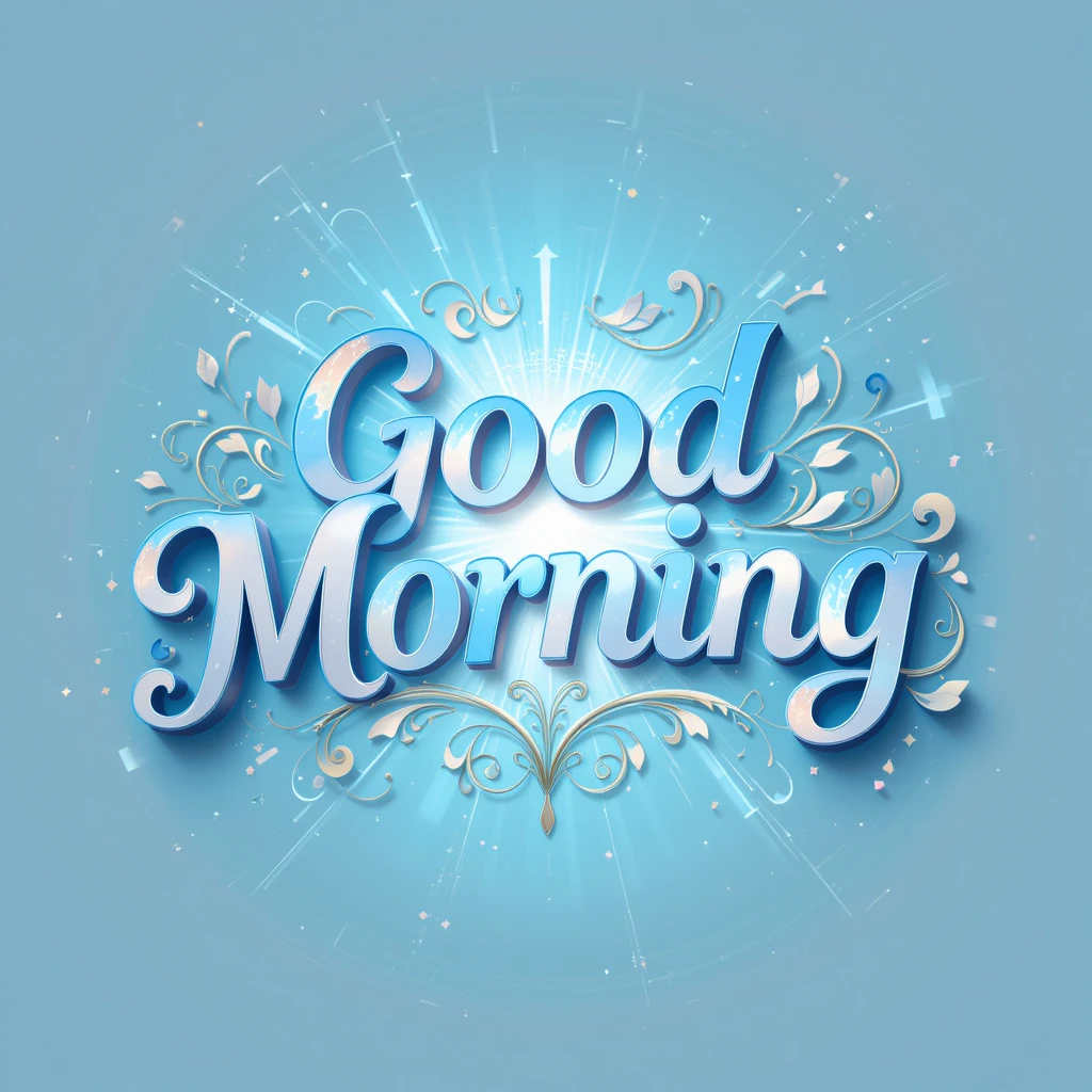 Elegant Good Morning Text with Decorative Swirls and Radiant Blue Background