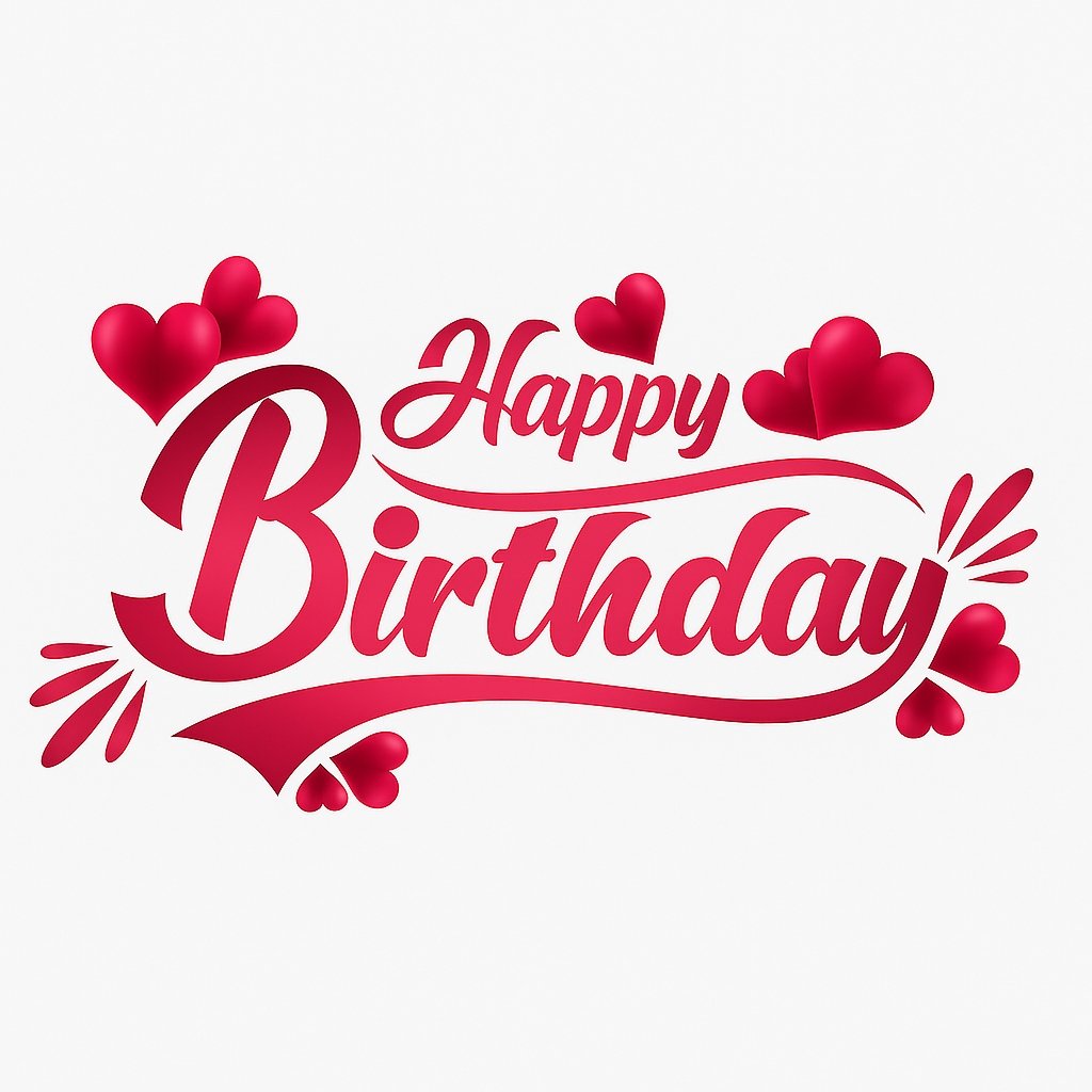 Elegant Happy Birthday Design With Red Hearts and Swirling Calligraphy