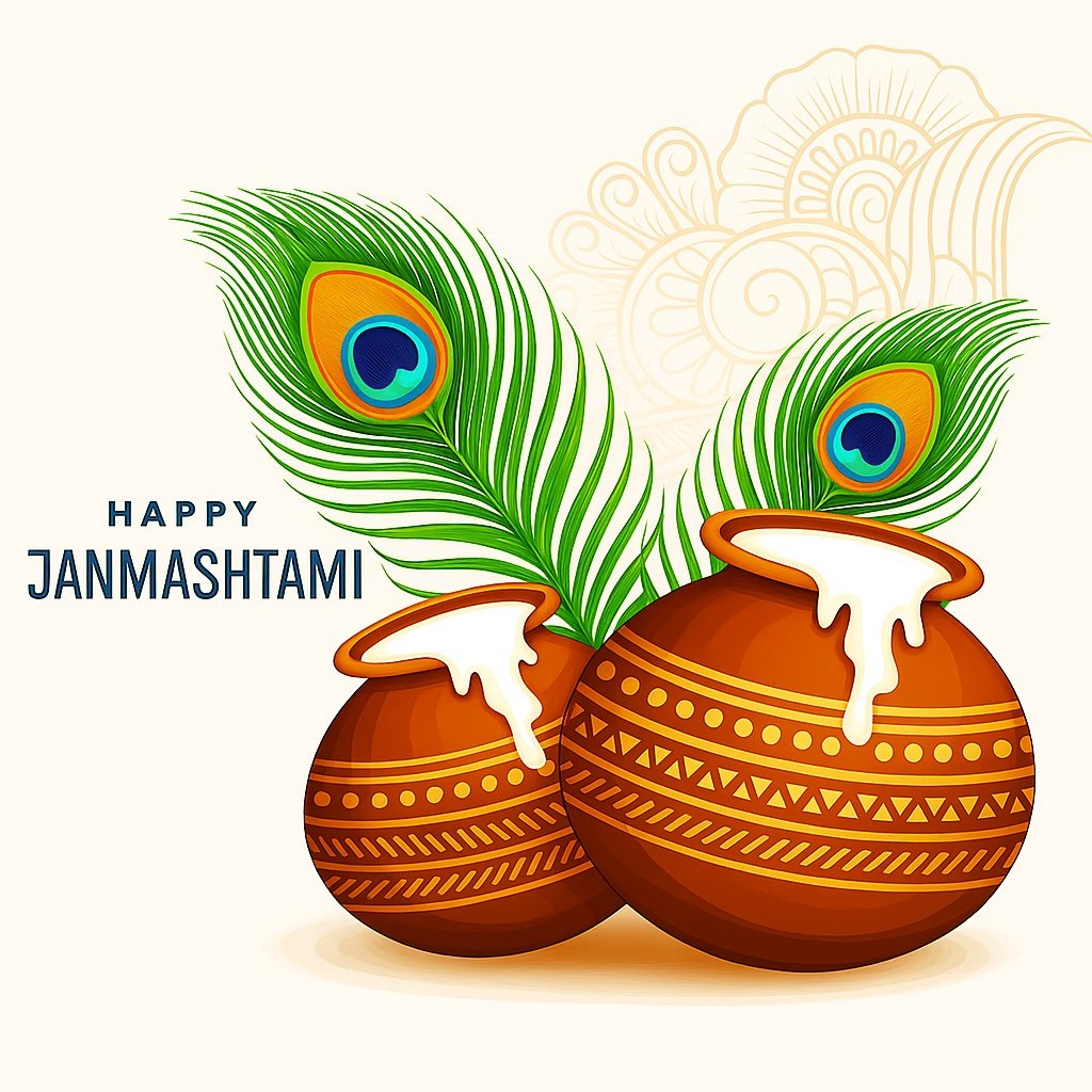Elegant Janmashtami Celebration Design Featuring Flute and Peacock Elements