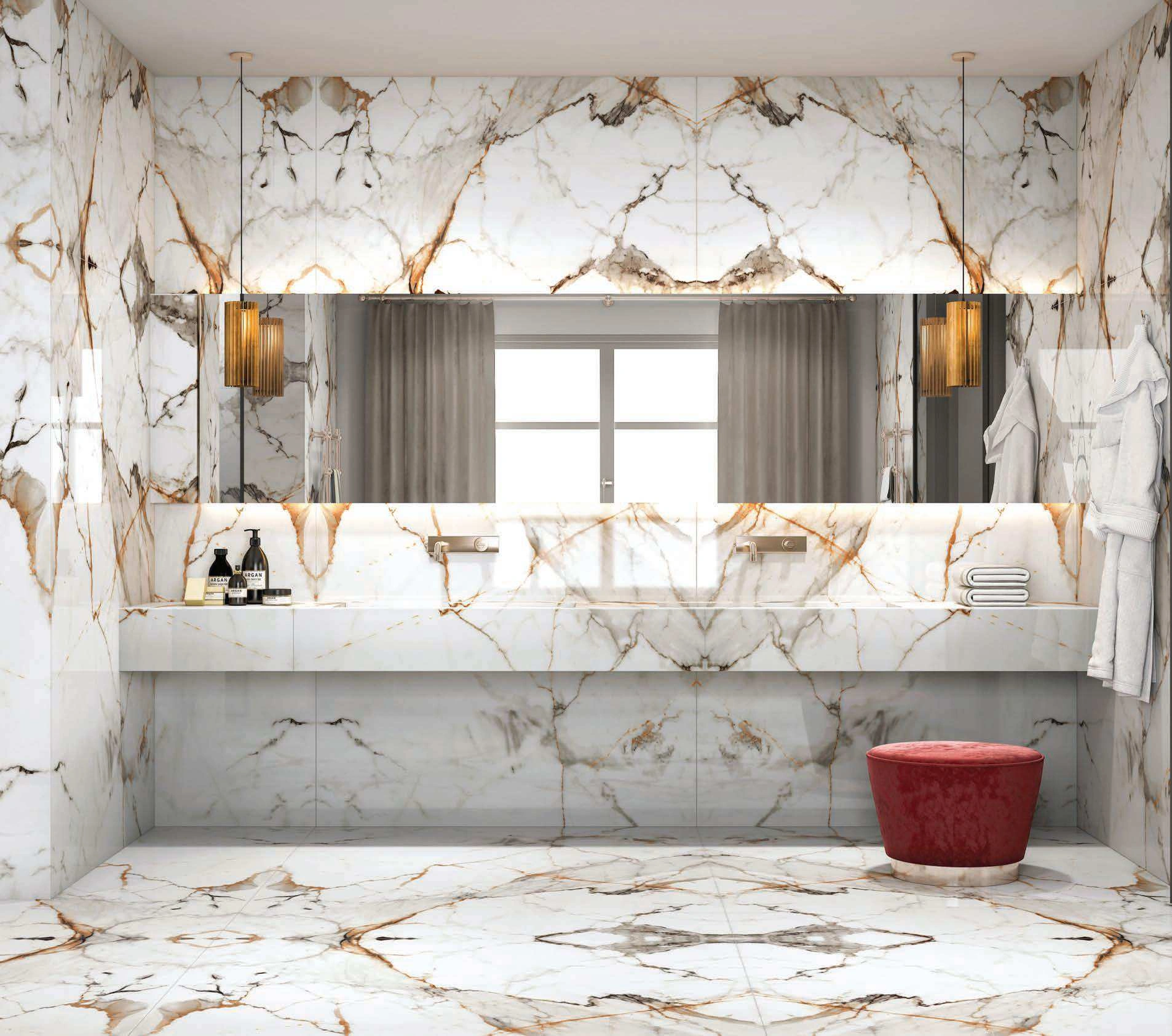 Elegant Marble Bathroom Interior Featuring Gold Accents and Modern Minimalistic Design