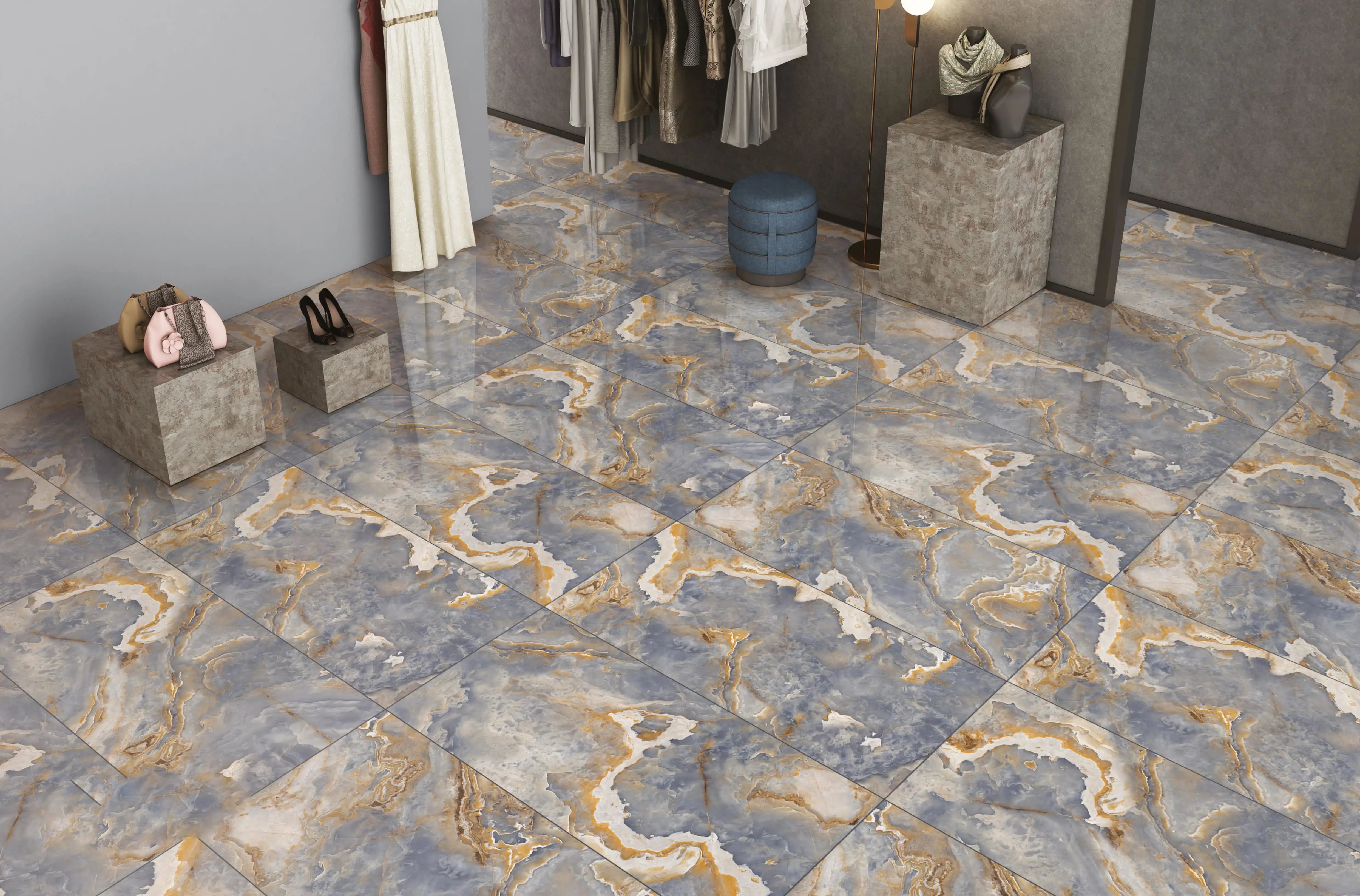 Elegant Marble-Like Blue and Gold Floor Tiles in Modern Room Setting
