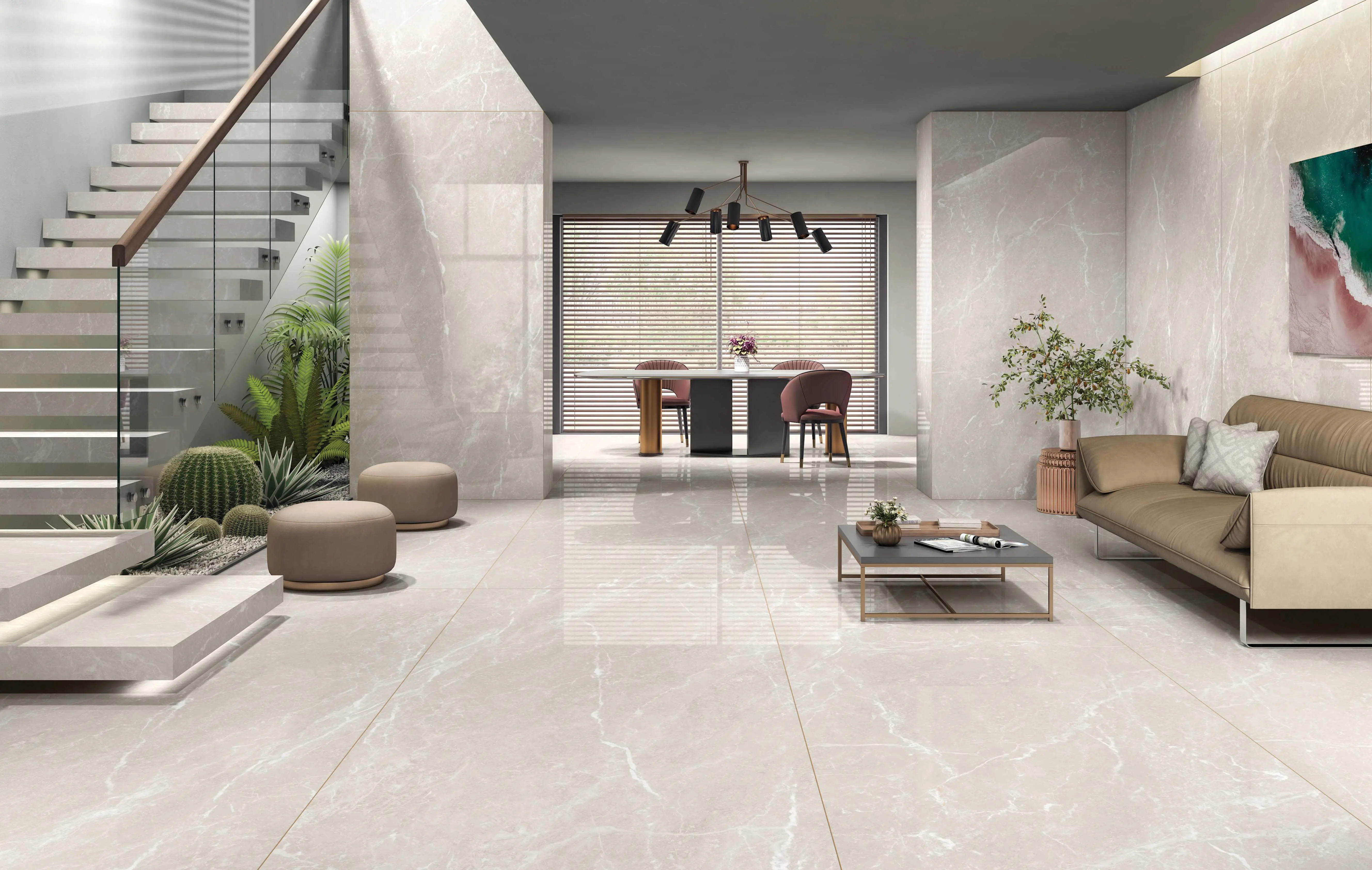 Elegant Simpolo Fior Di Bosco Tiled Living Room and Dining Area