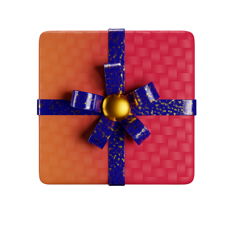 Elegant Wrapped Gift Box with Blue Bow and Colorful Ribbons
