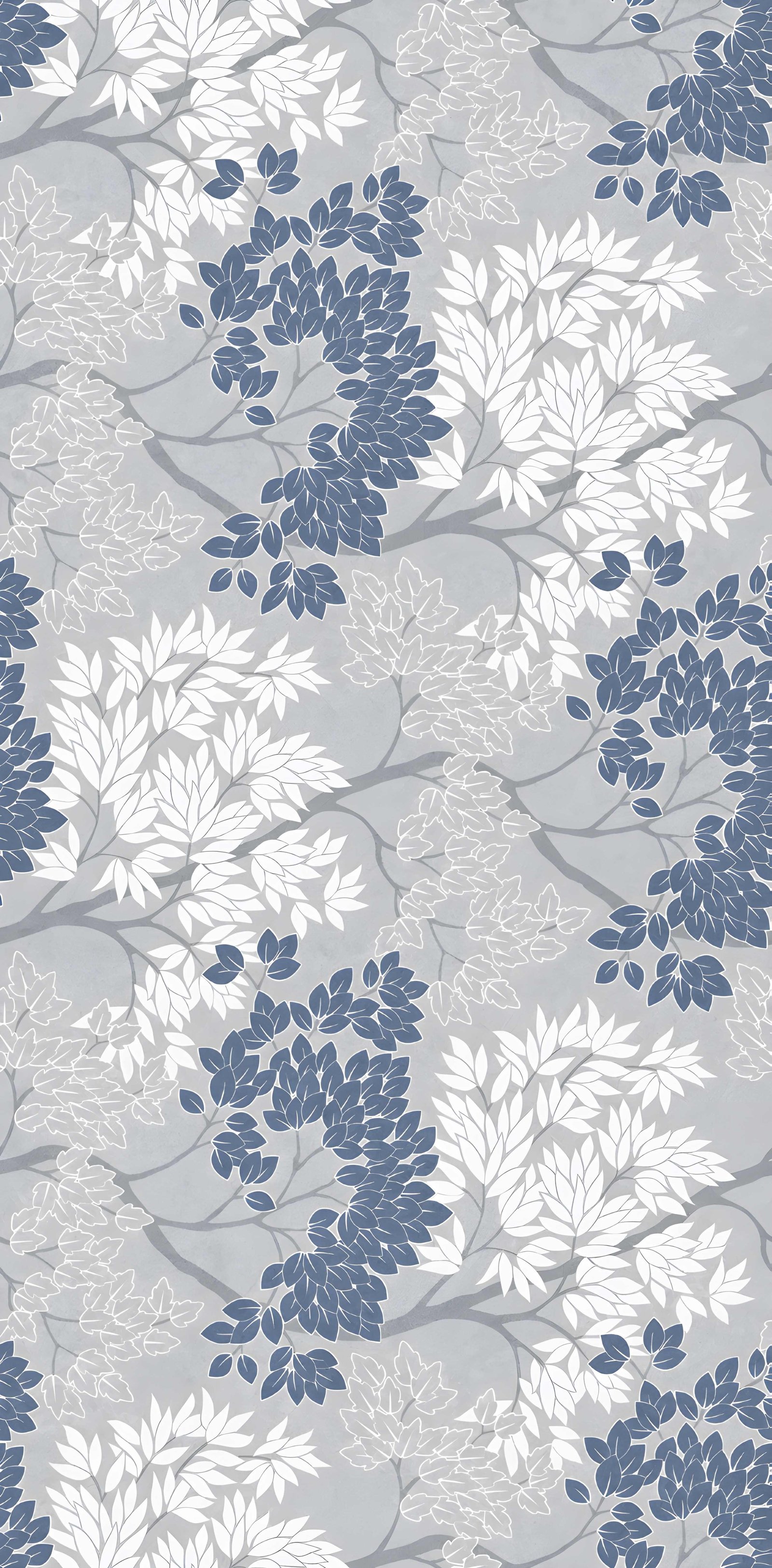 Elegantly Layered Blue and Gray Botanical Wallpaper