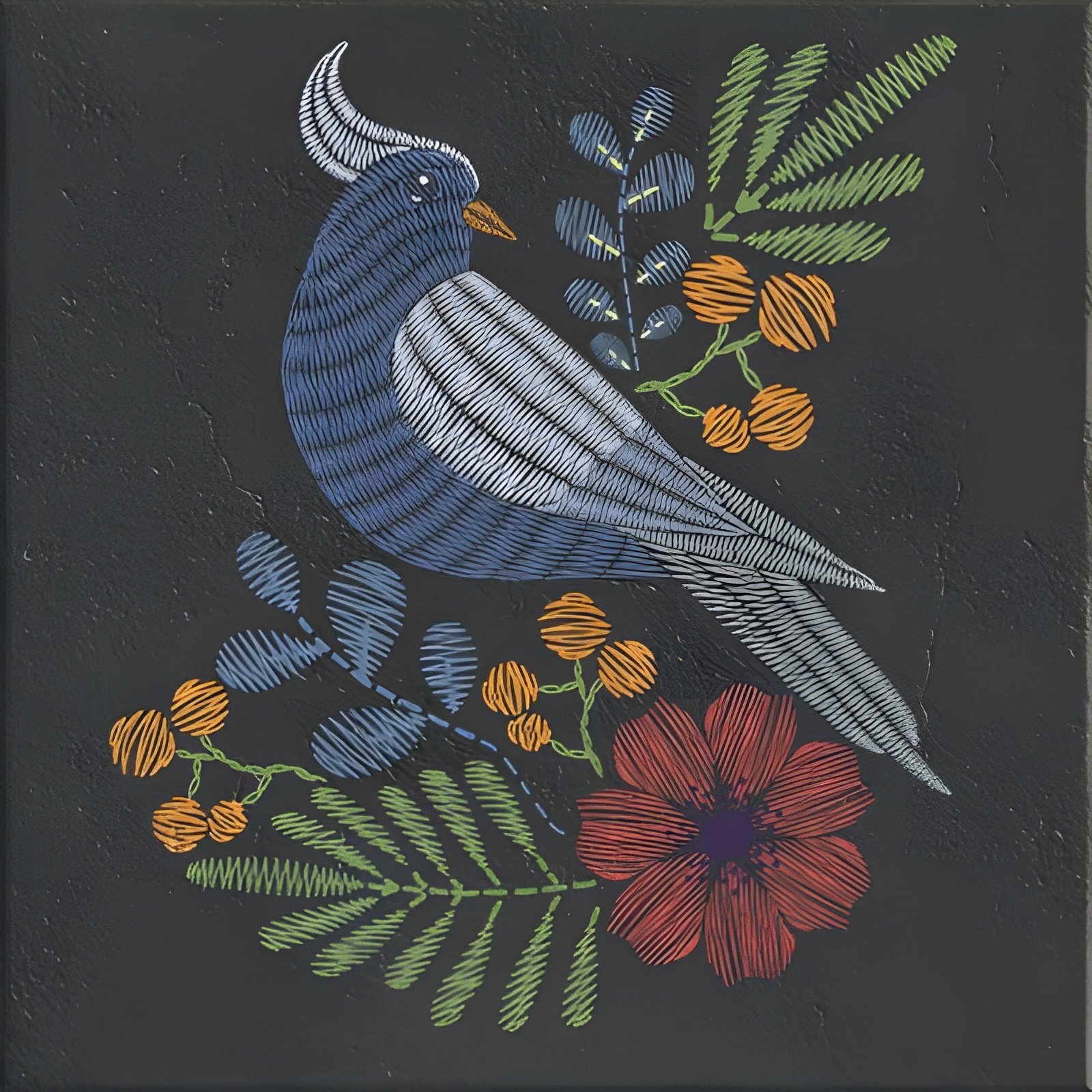 Embroidered Blue Bird With Orange Beak Among Leaves And Bright Flowers On Dark Surface