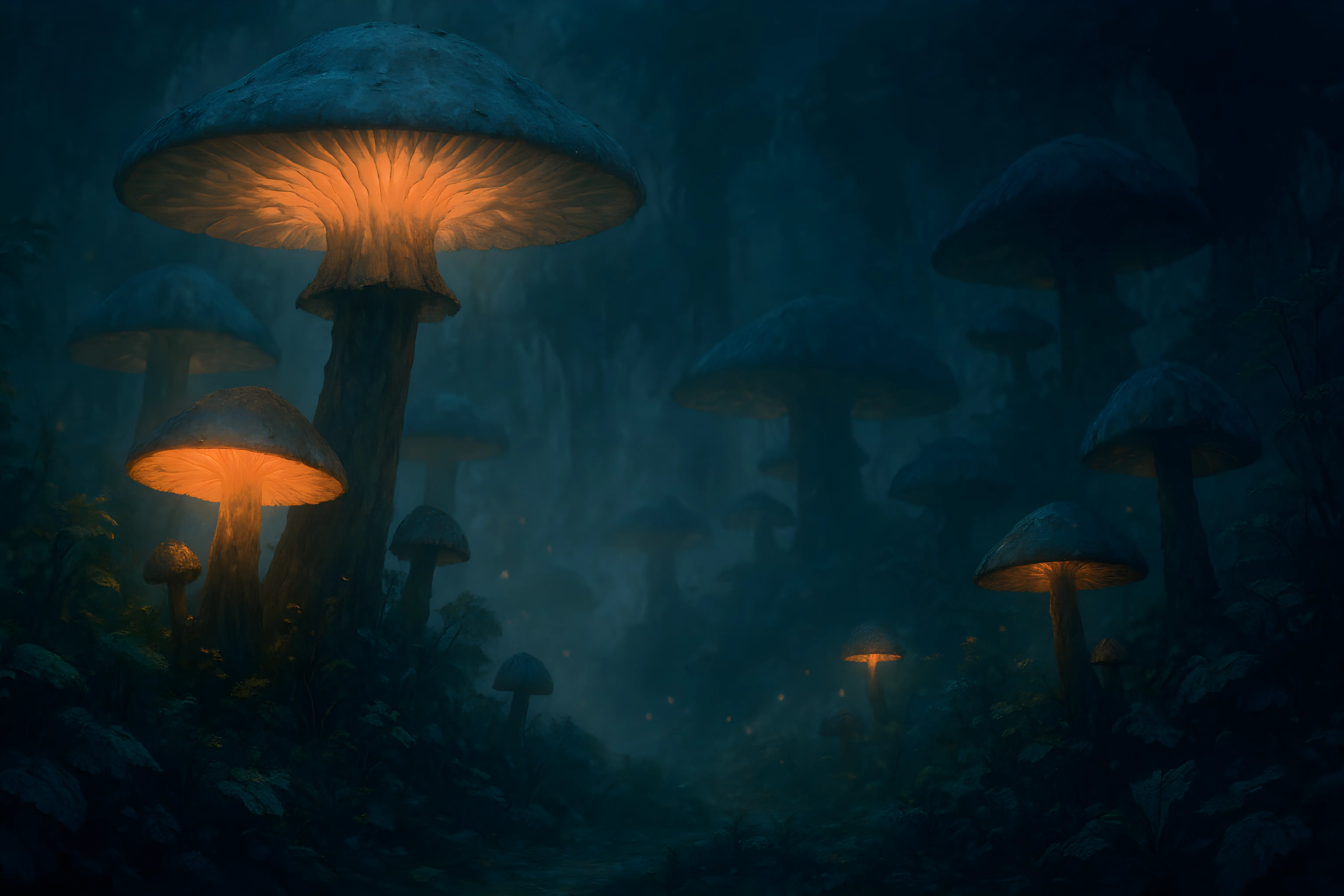Enchanted Forest with Glowing Mushrooms Illuminating the Mystical Night