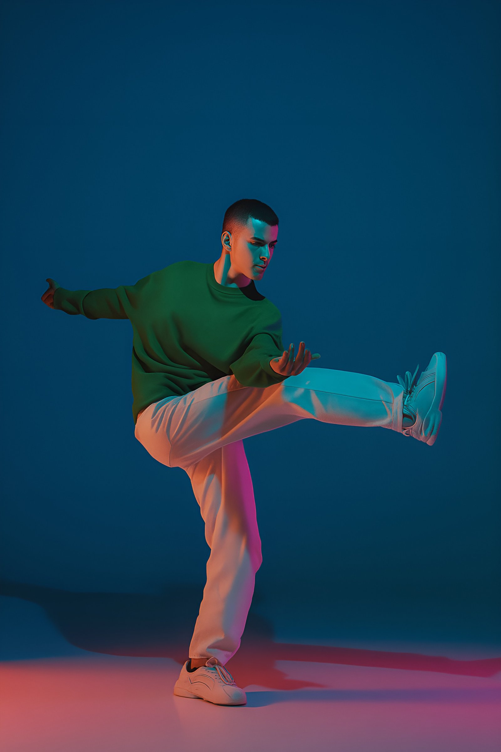Energetic Male Dancer in Motion With Vibrant Studio Lighting