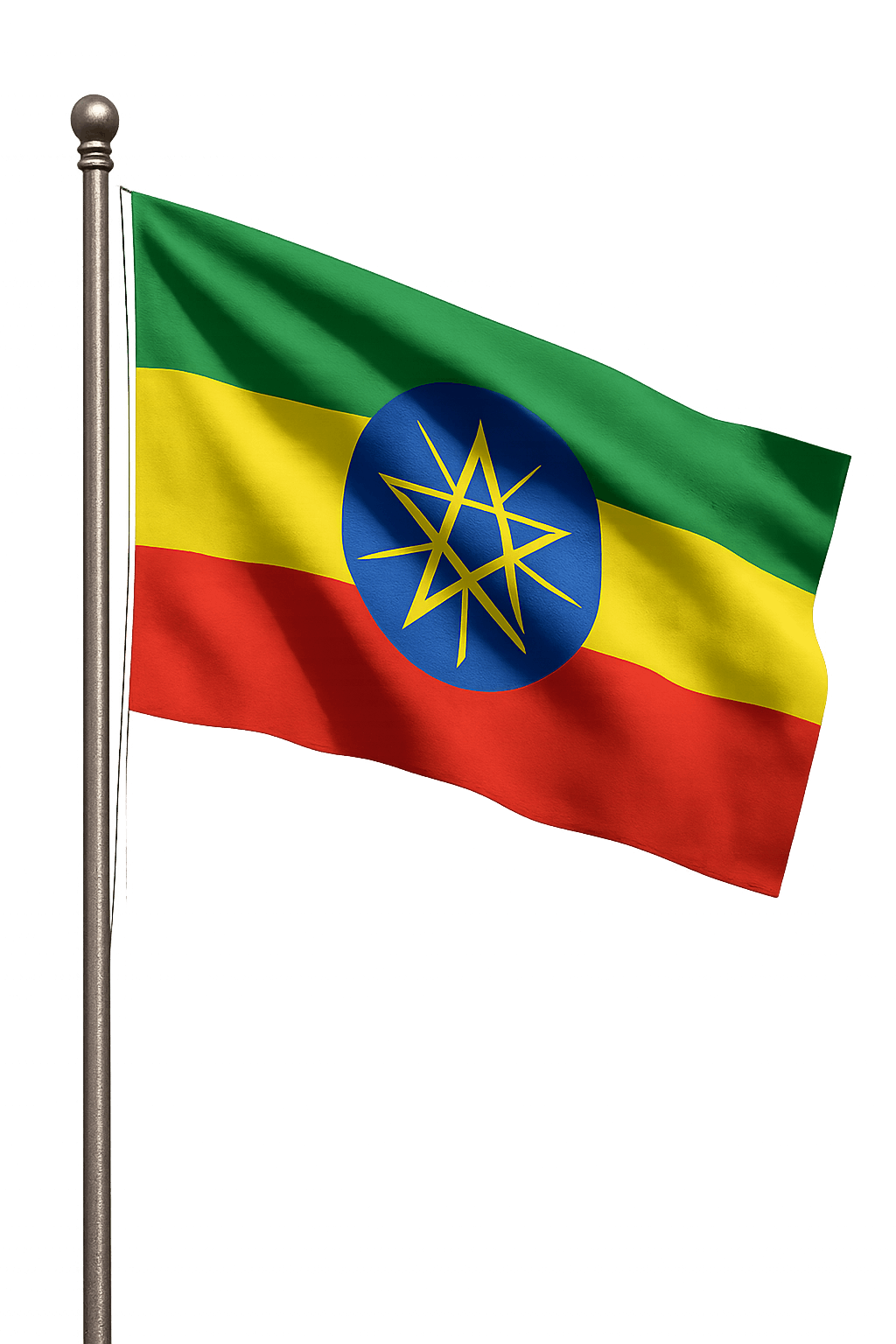 Ethiopia Flag Flying on Pole Transparent Background