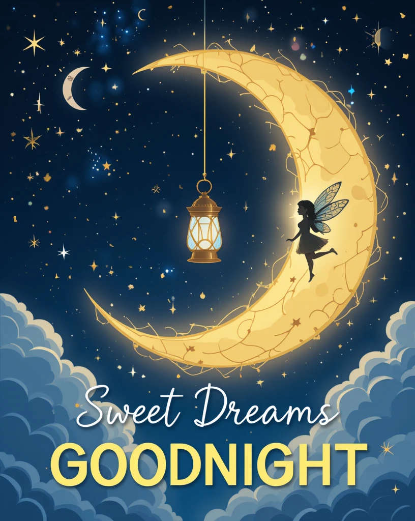 Fairy Sitting on Moon Under Starry Night Sky with Sweet Dreams Text