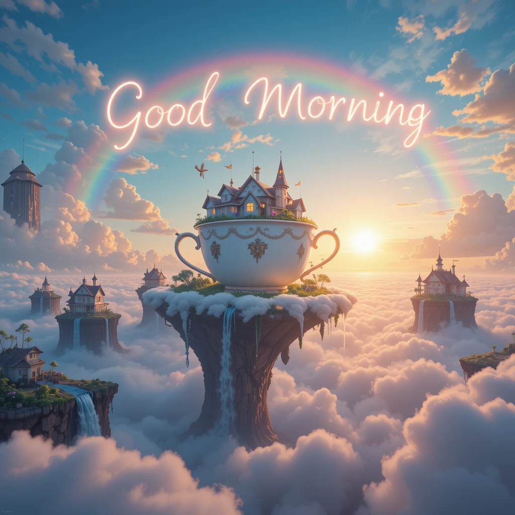 Fantasy Morning Scene with Castle-Like Cup and Rainbow in the Clouds