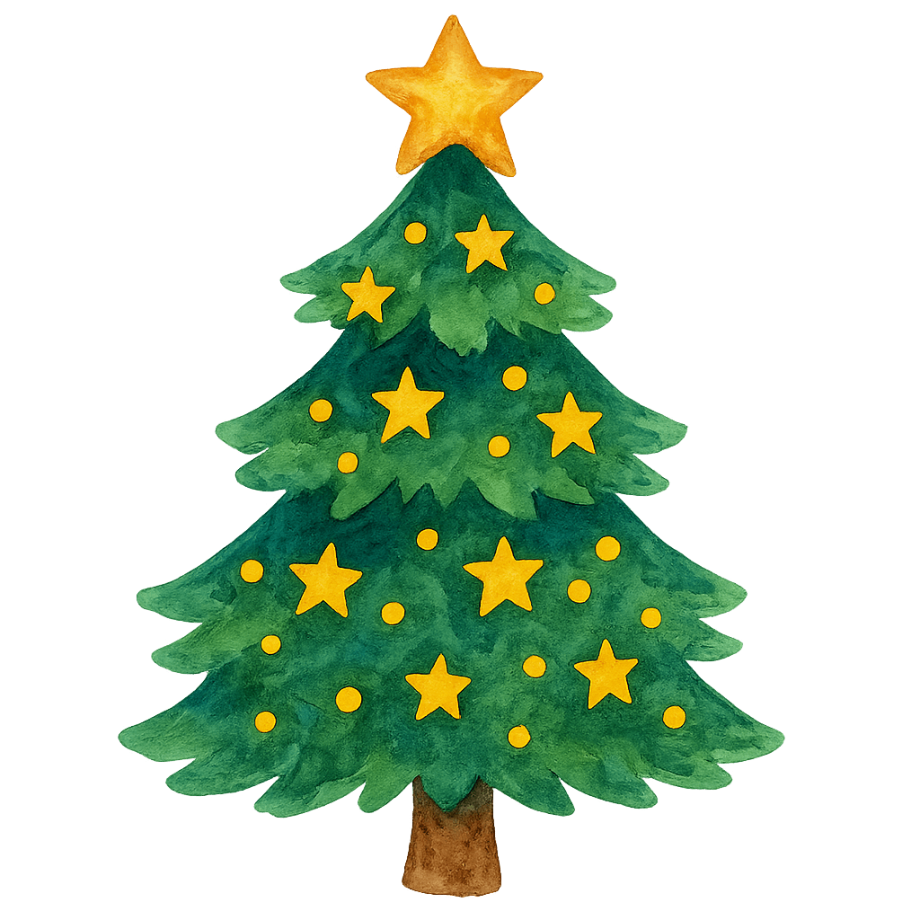 Festive Watercolor Christmas Tree with Stars