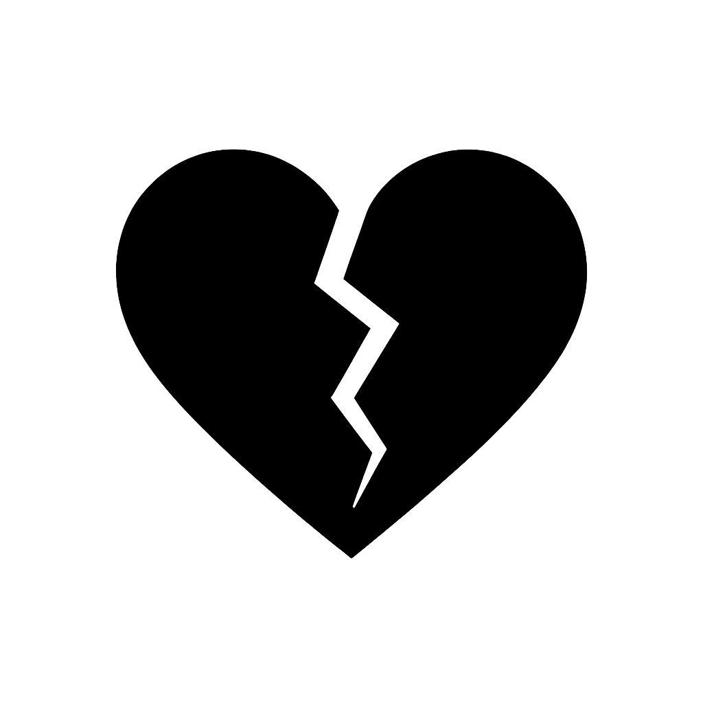 Flat Black Broken Heart Icon on Transparent Background