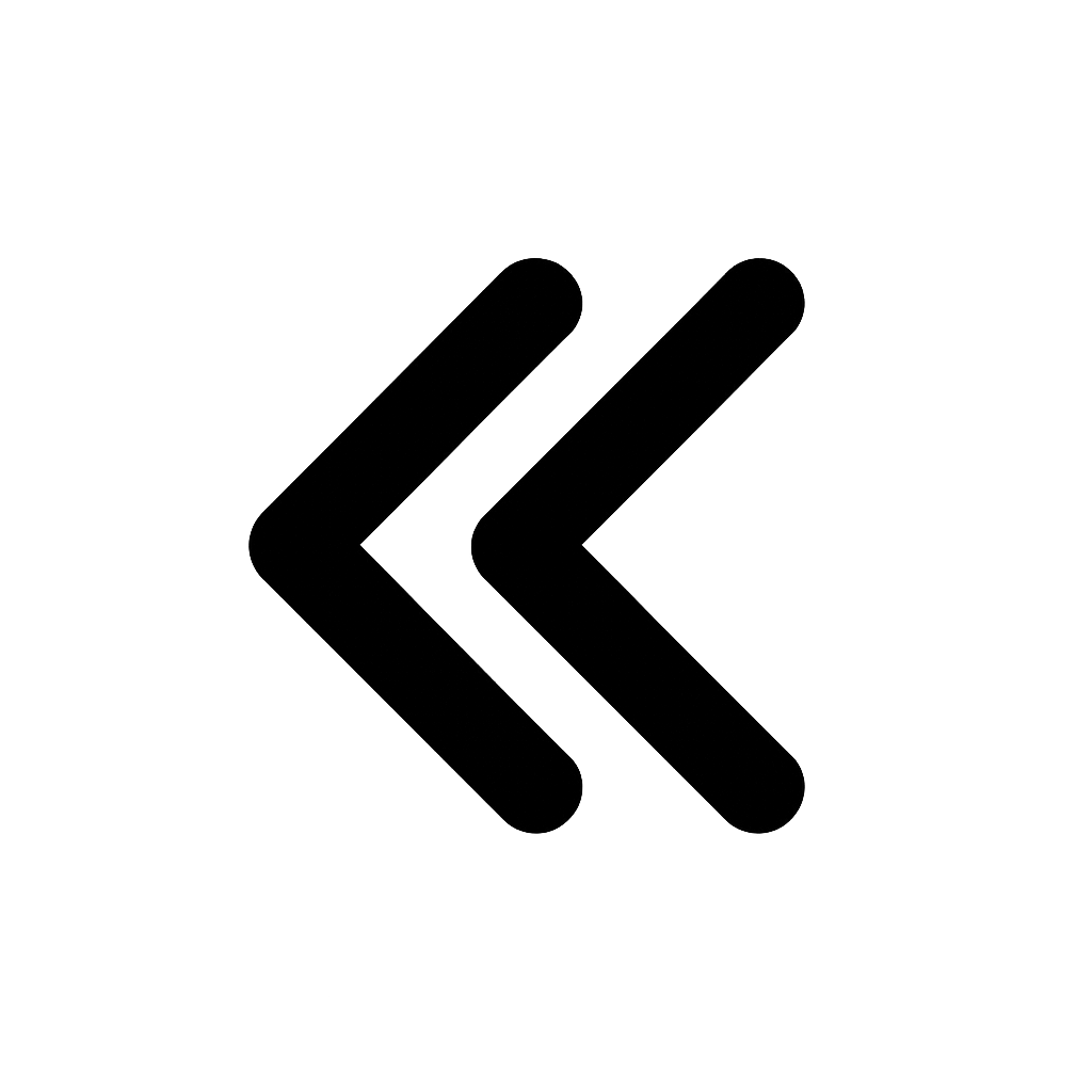 Flat Black Double Arrow Left Icon on Transparent Background