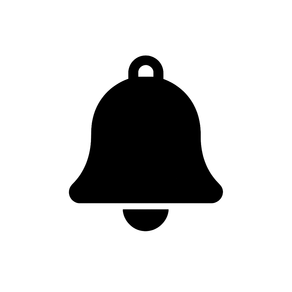 Flat Black Notification Bell Icon on Transparent Background