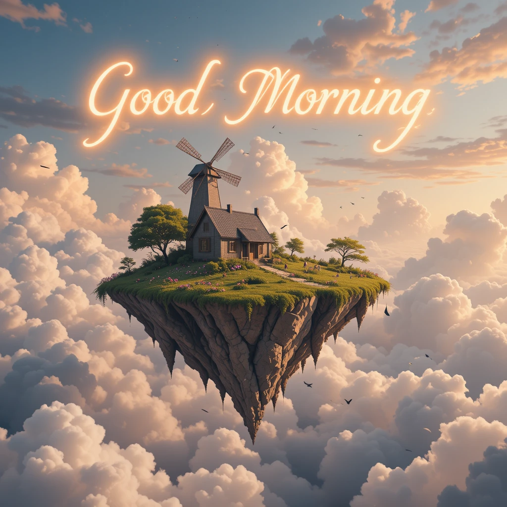 Floating Island With House Surrounded by Clouds in Serene Morning Light