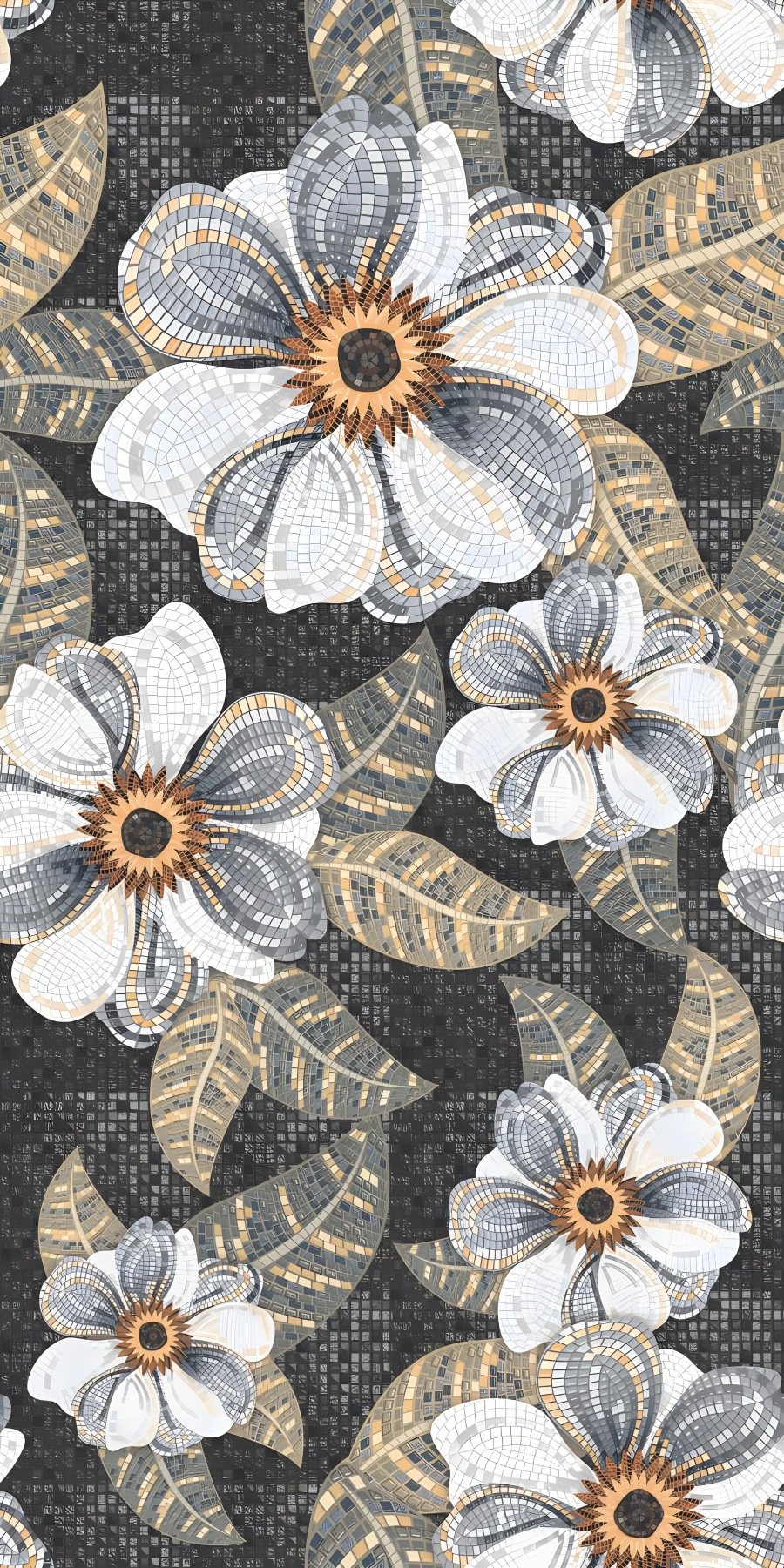 Floral Mosaic on Dark Grid Background
