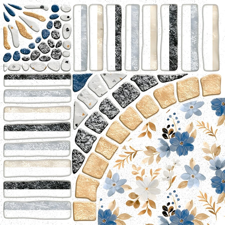 Floral Multi-Pattern Outdoor Tile Blue Accents