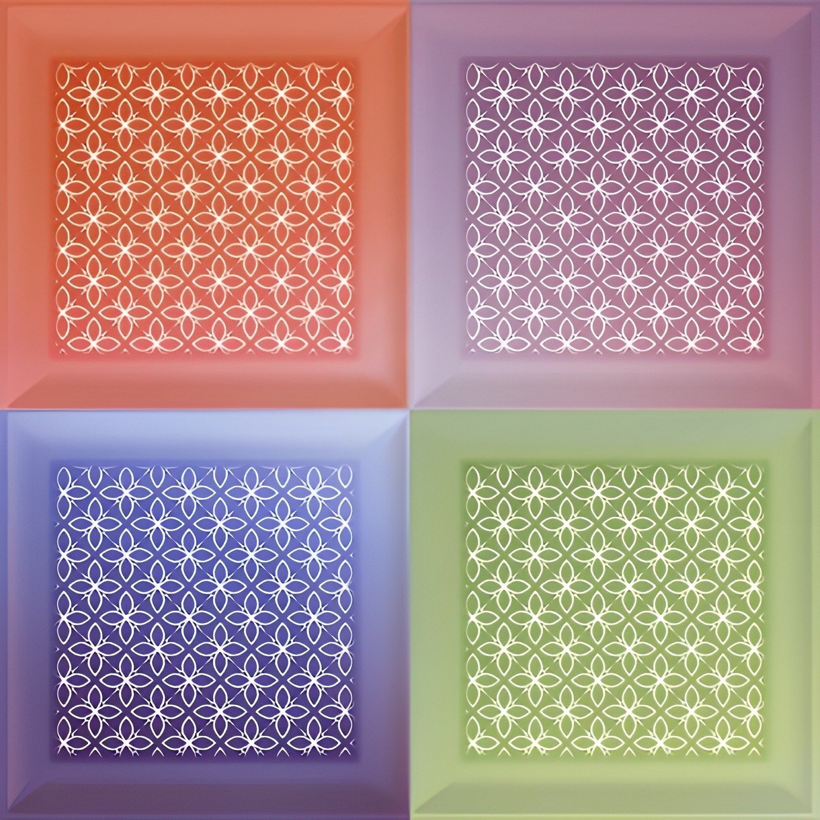 Four Colorful Framed Panels With White Geometric Lattice Pattern For Modern Wall Decor