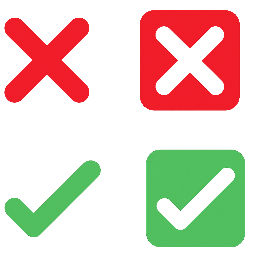 Four Symbols Of Approval And Rejection: Red X And Green Check In Bold Square Icons