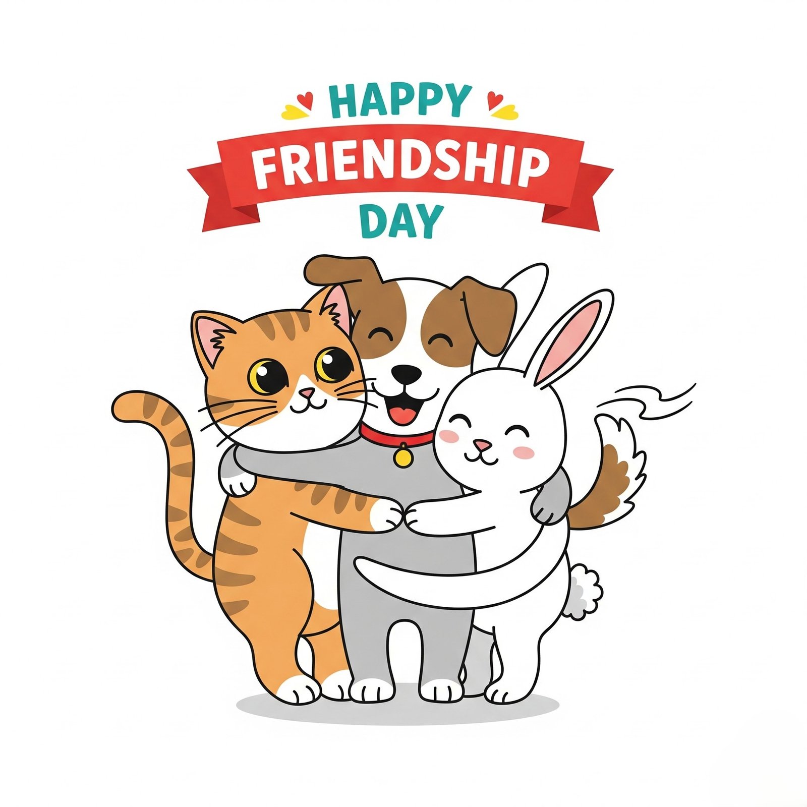 Friendship Day Celebration With Cute Cartoon Cat, Dog, and Rabbit Hugging