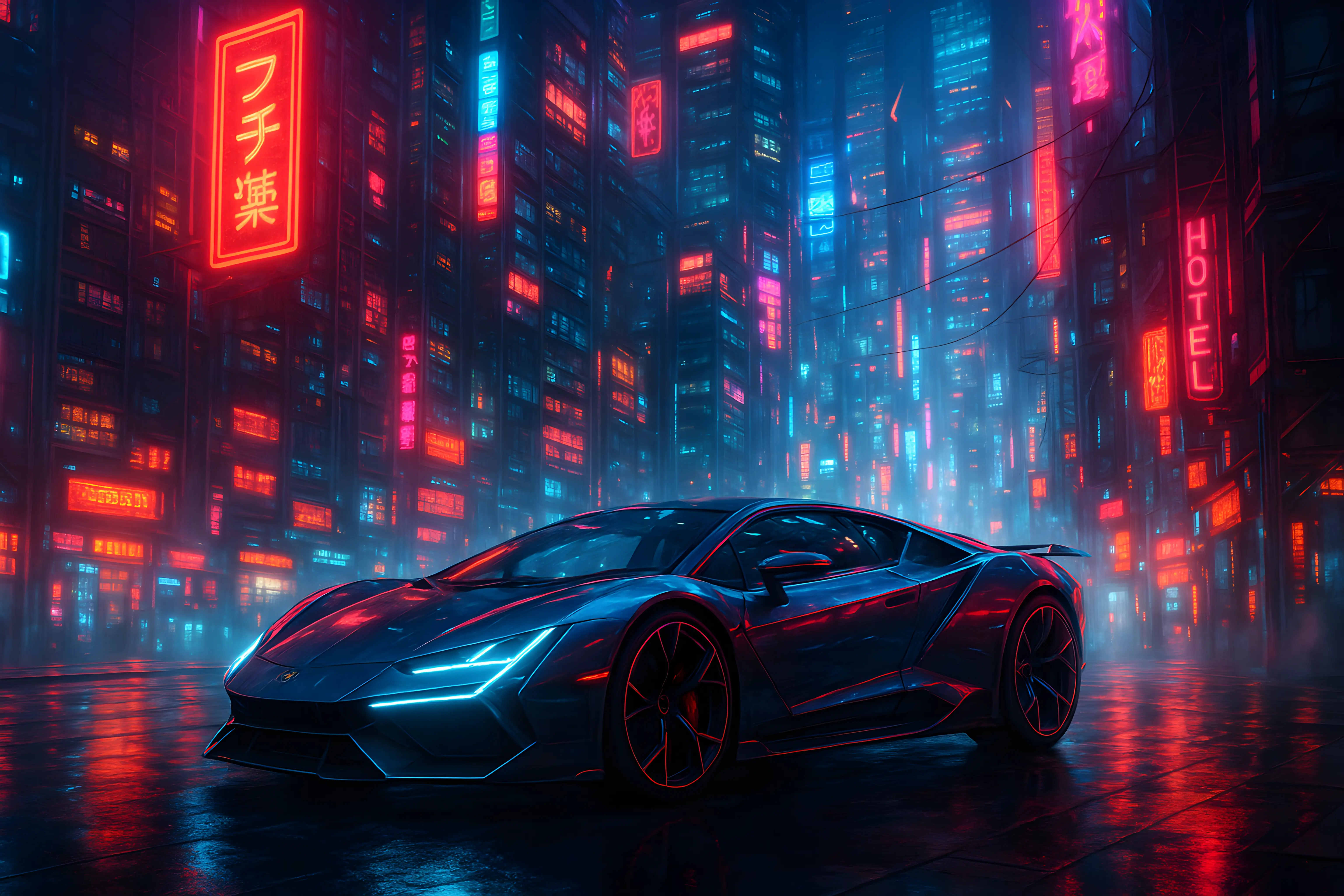Futuristic Sports Car in Neon Lit Cyberpunk Cityscape at Night