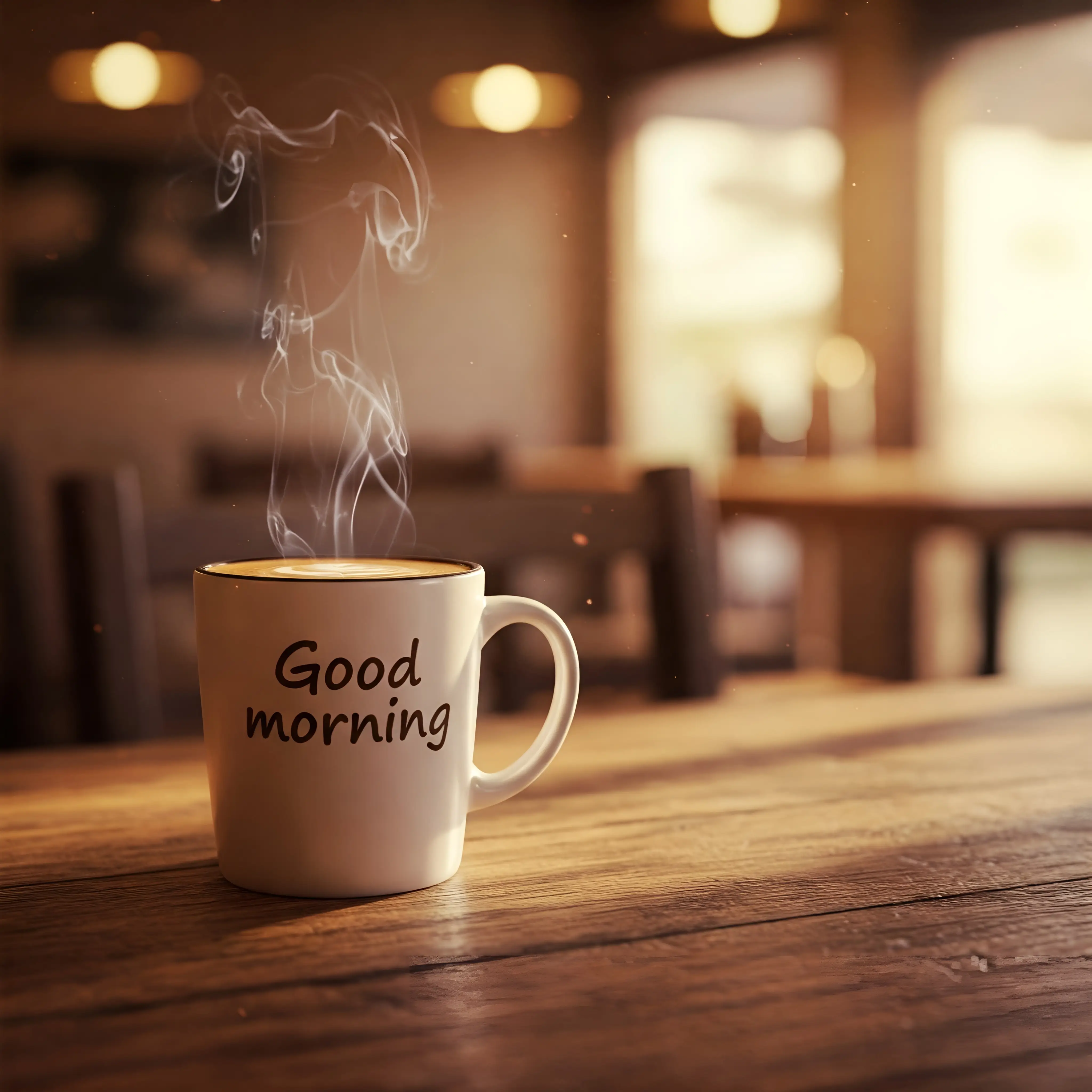 Steaming Coffee Mug on Wooden Table in Cozy Morning Cafe Setting