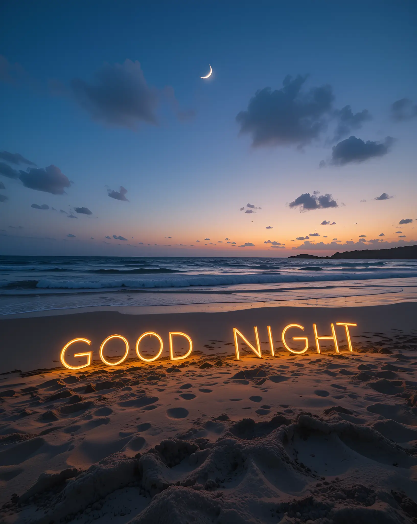 Good Night Message Glowing on a Beach Under a Crescent Moon