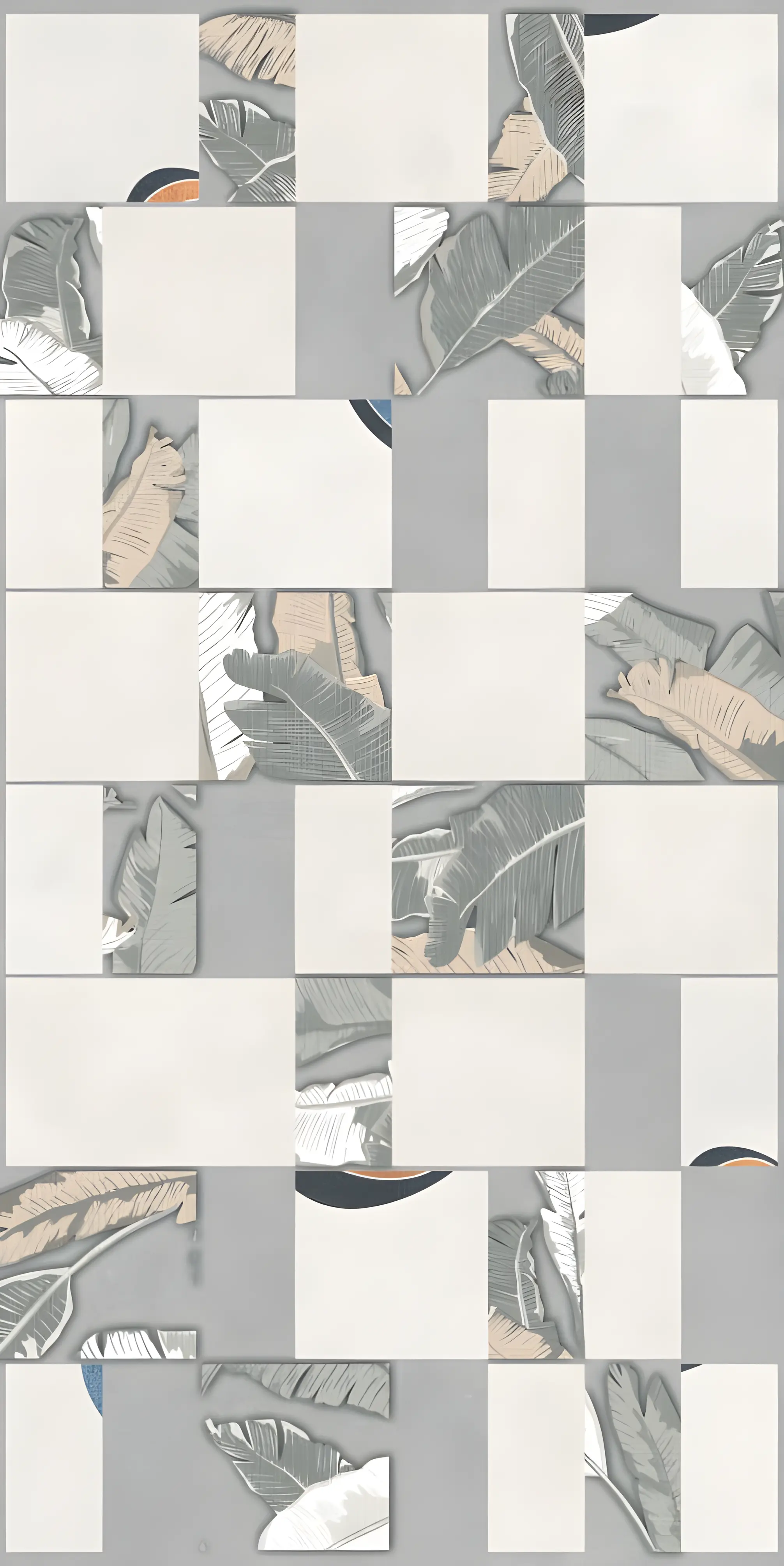 Geometric Abstract Art Featuring Leaf Motifs in Neutral Tones and Patterns