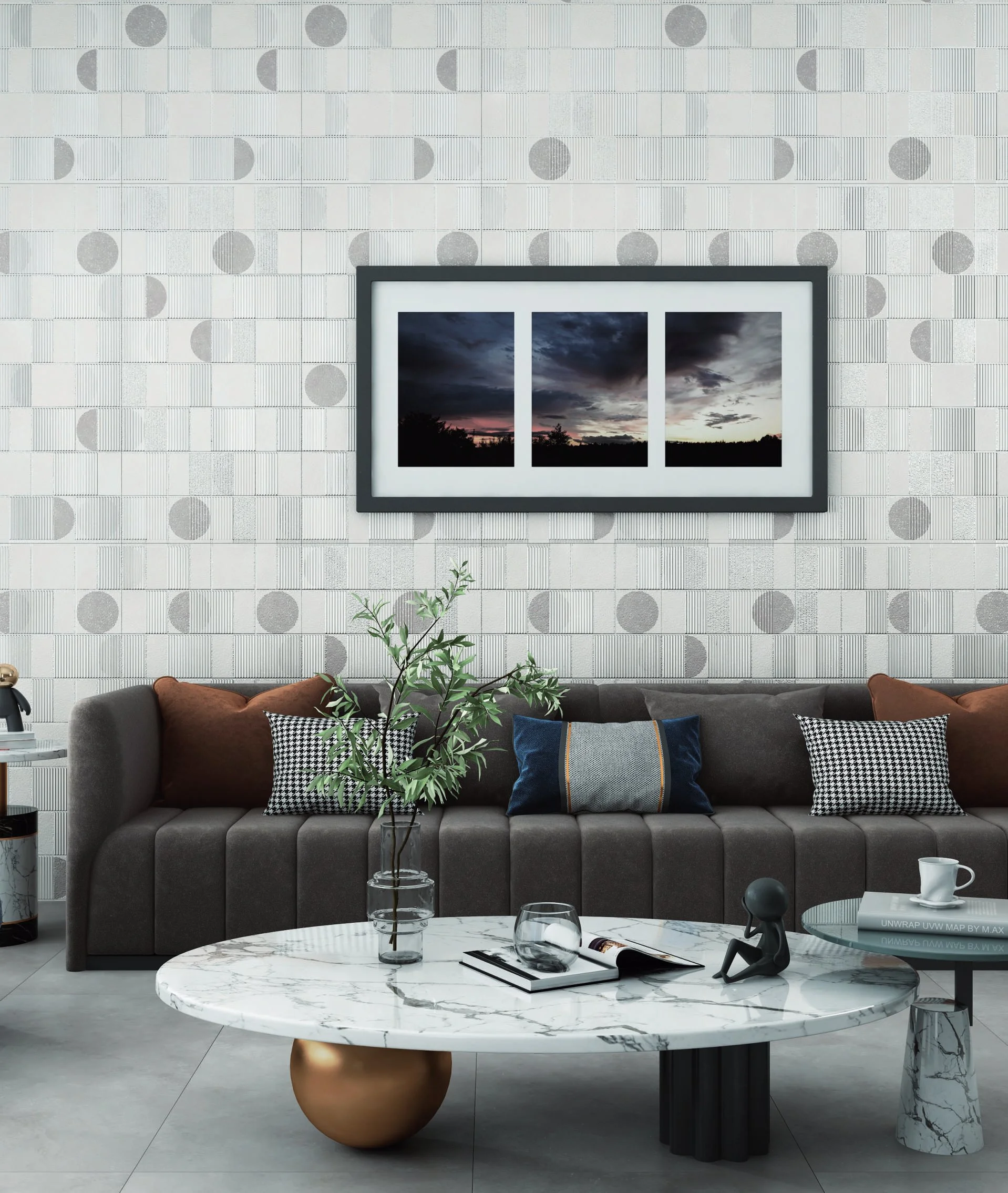 Geometric accent wall in a stylish contemporary living room.