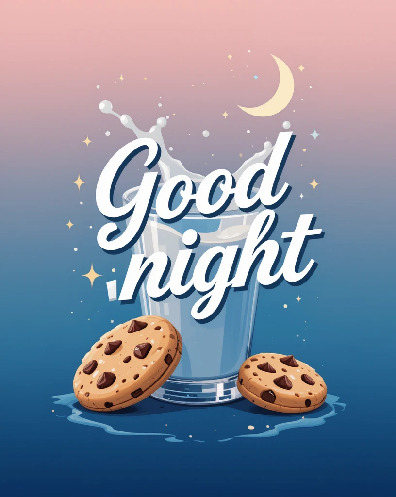 Glass of Milk and Chocolate Chip Cookies with Good Night Message