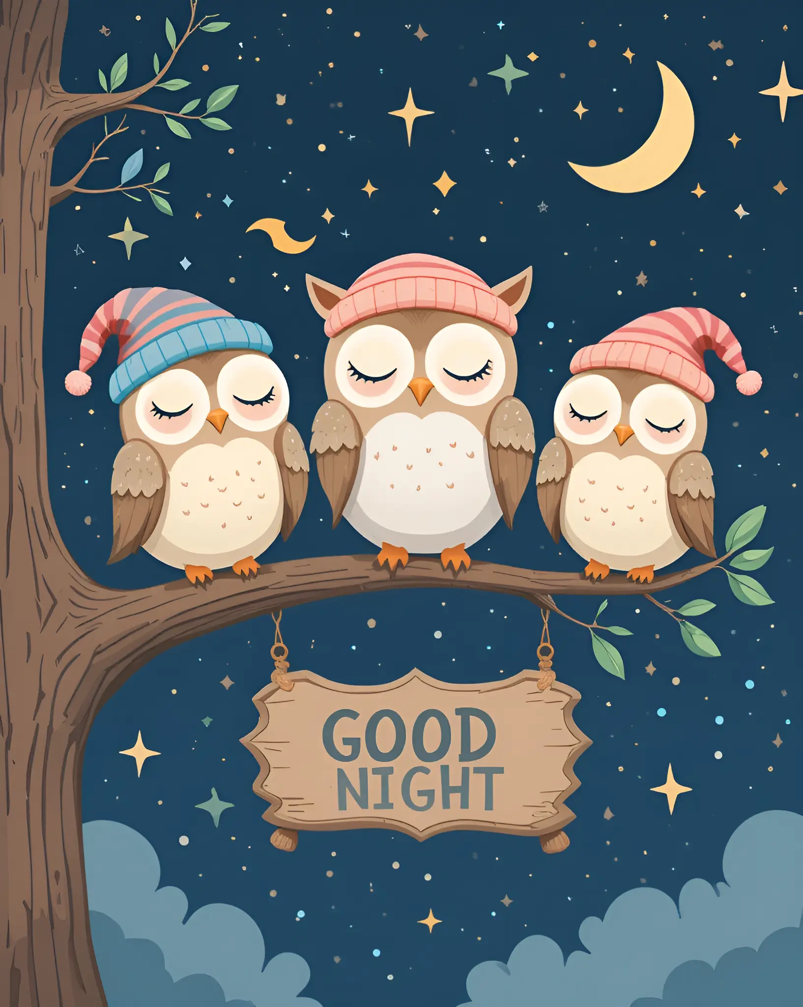 Cute Owls Sleeping on a Tree Branch Under a Starry Night Sky