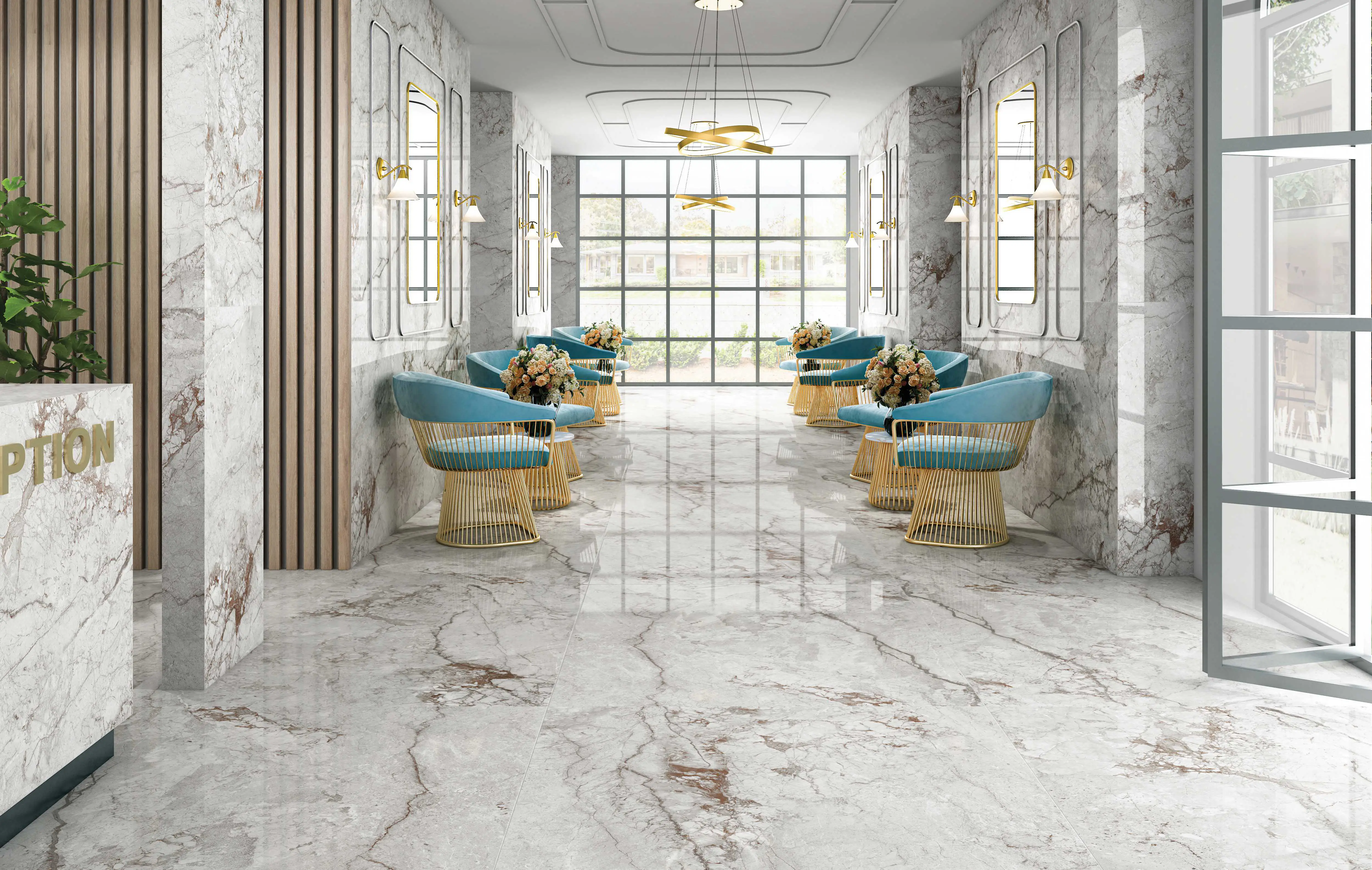 Gold and White Marble Floor in a Luxurious Lobby
