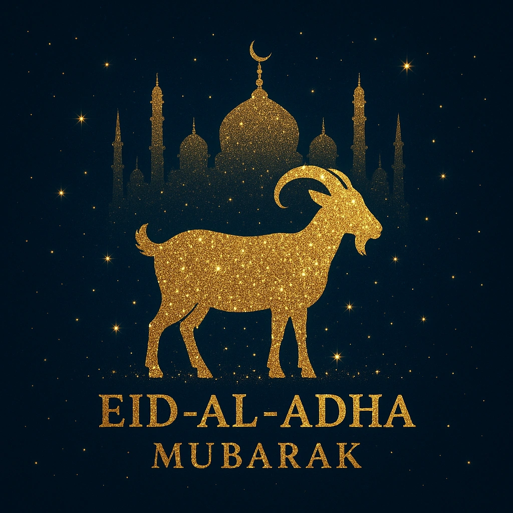 Gold Glittering Eid Al-Adha Design With Goat and Mosque Silhouette