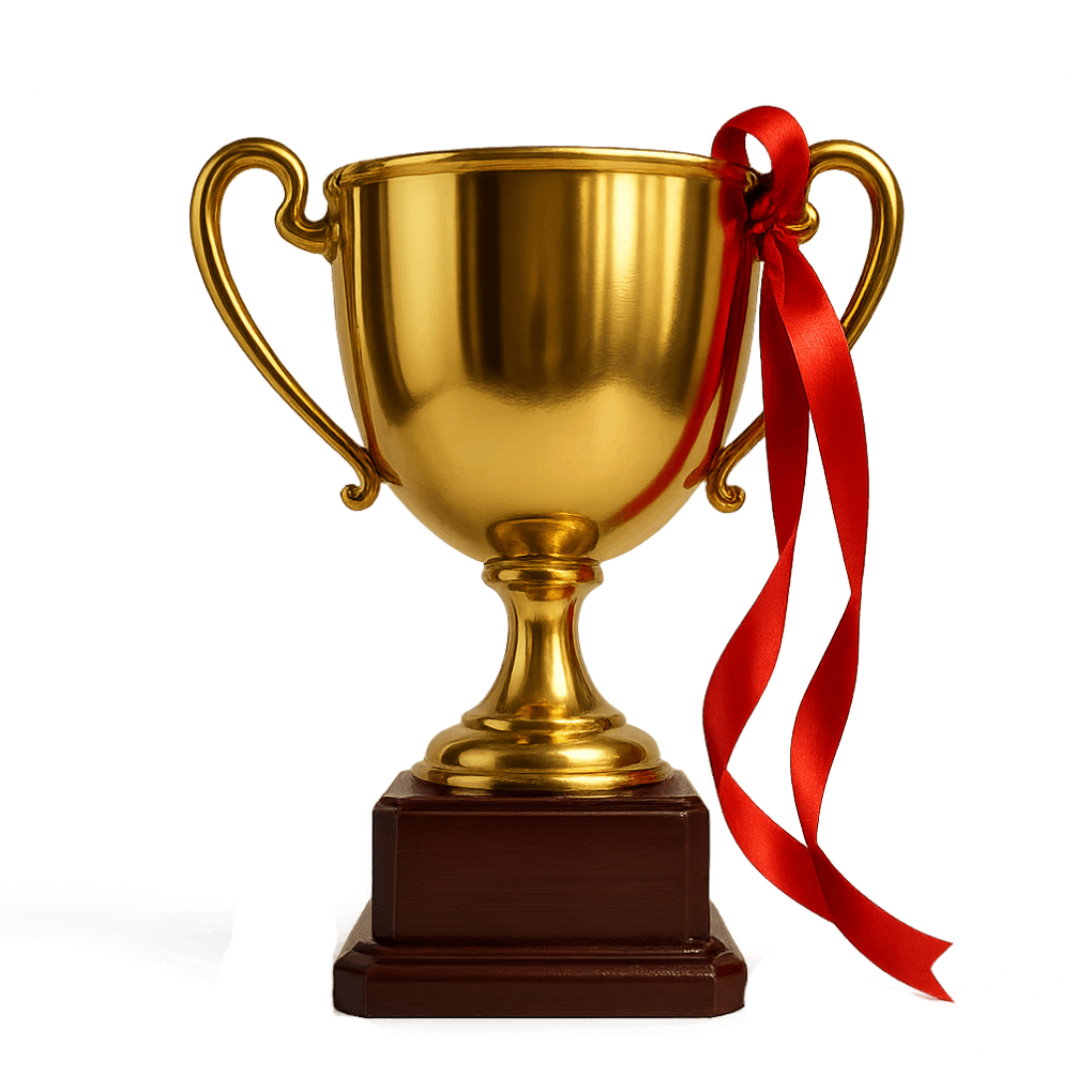 Golden Championship Trophy With Red Ribbon