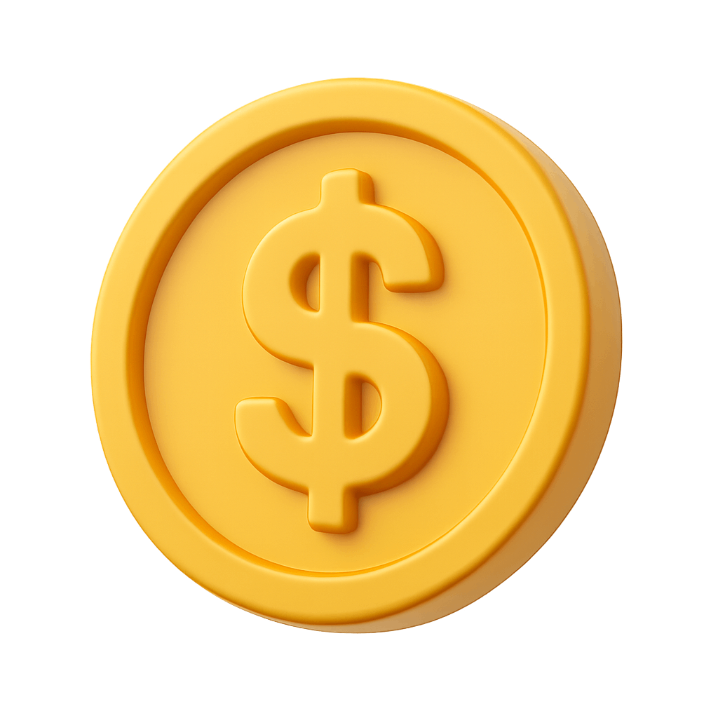 Golden Coin Icon with Dollar Symbol on Transparent Background