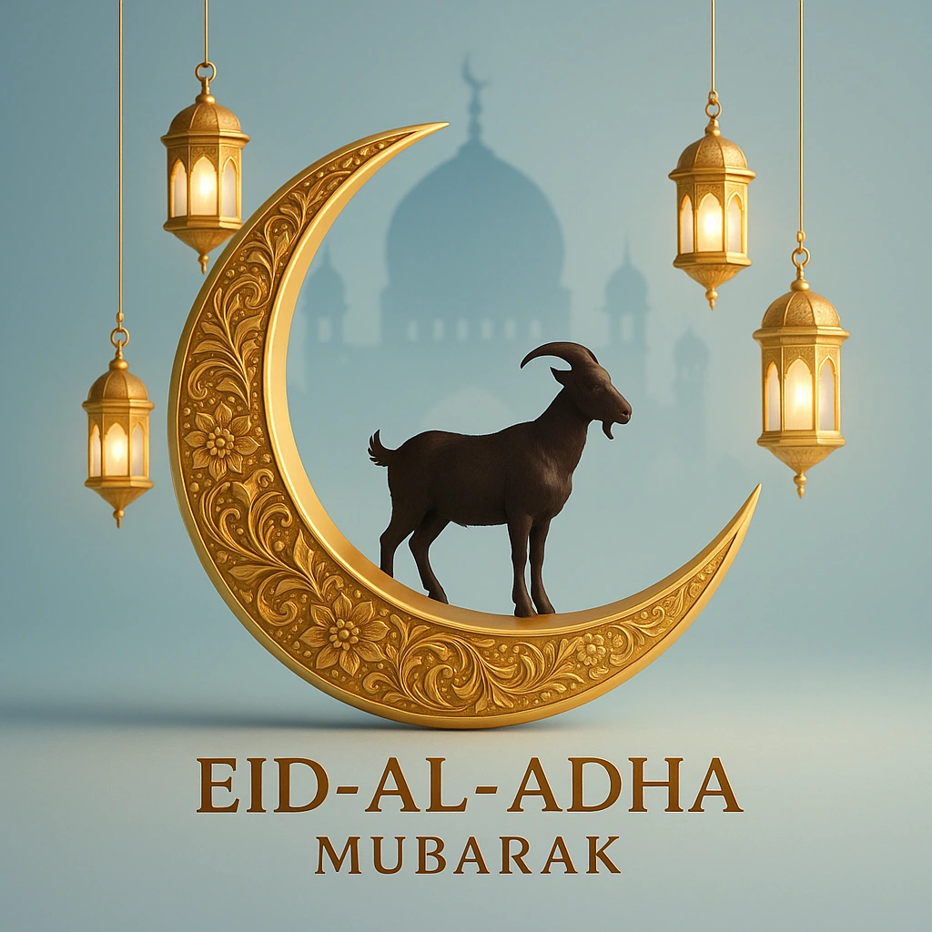 Golden Crescent and Goat Symbolizing Eid-Al-Adha Celebration with Lanterns