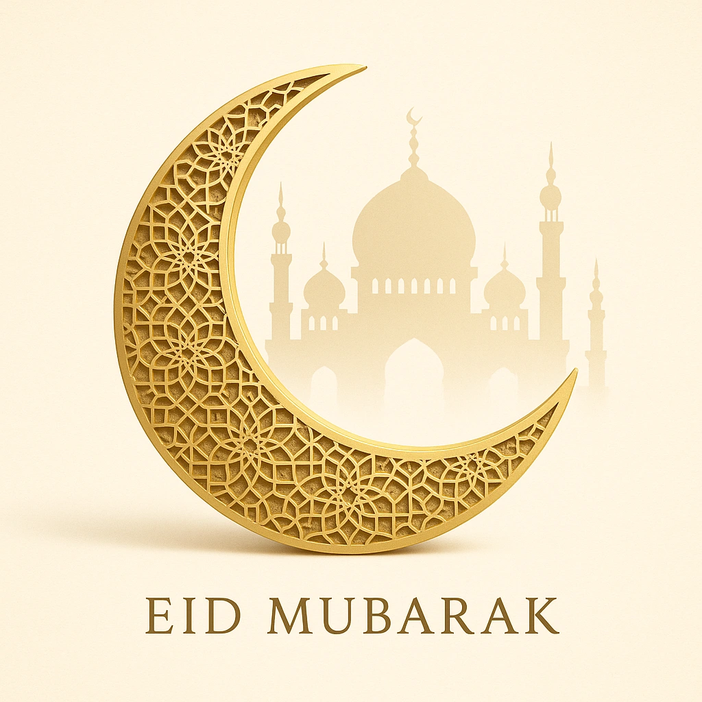 Golden Crescent Moon With Mosque Silhouette Celebrating Eid Mubarak