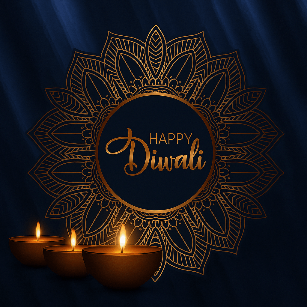 Golden Diwali Greeting With Traditional Lamps on Blue Background