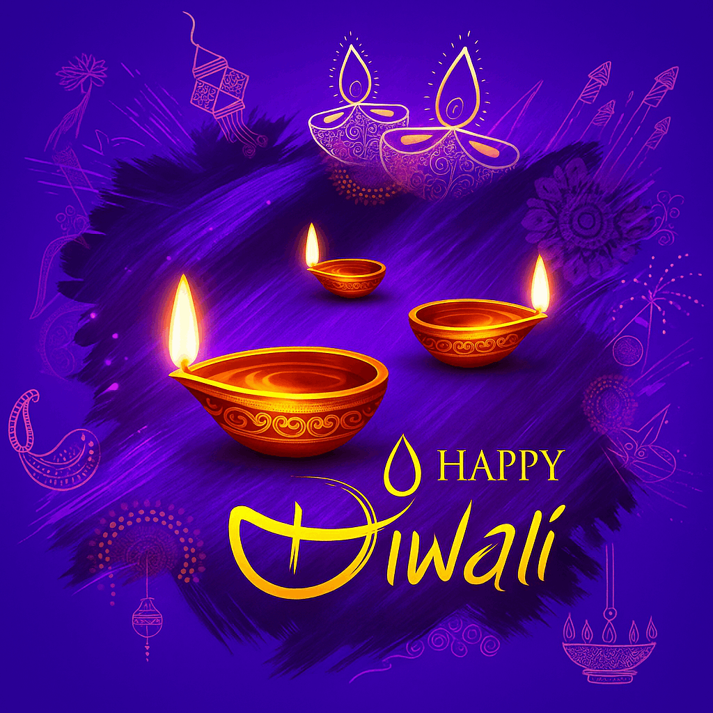 Golden Diwali Lamps with Indian Patterns on a Deep Purple Background