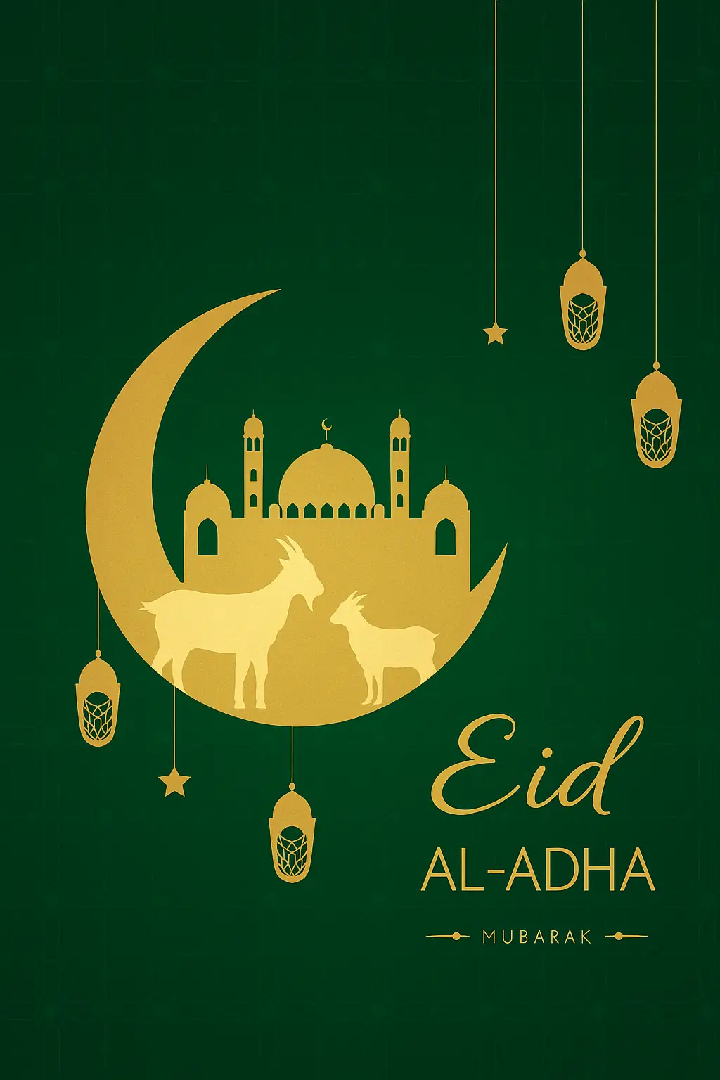 Golden Eid Al-Adha Celebration Design Featuring Mosque and Crescent Moon