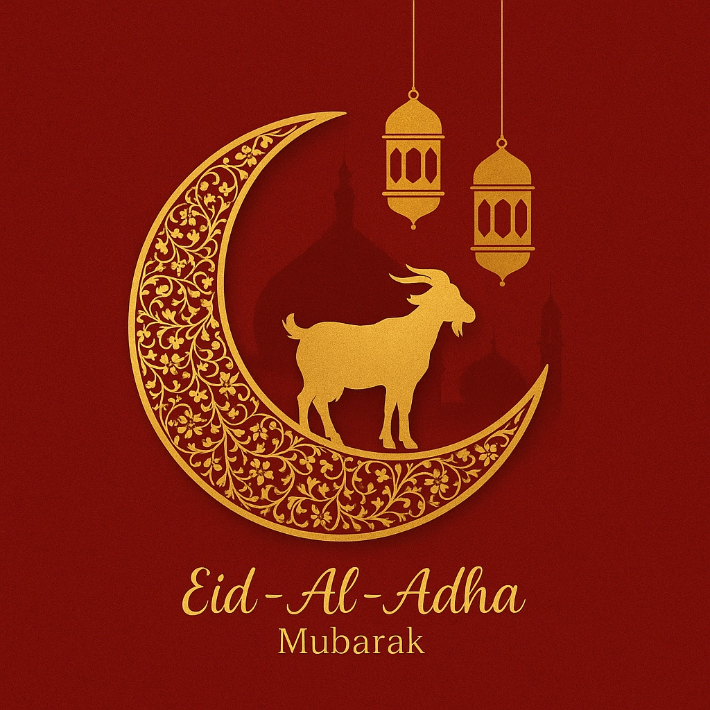 Golden Eid Al-Adha Greeting with Crescent Moon, Goat, and Hanging Lanterns