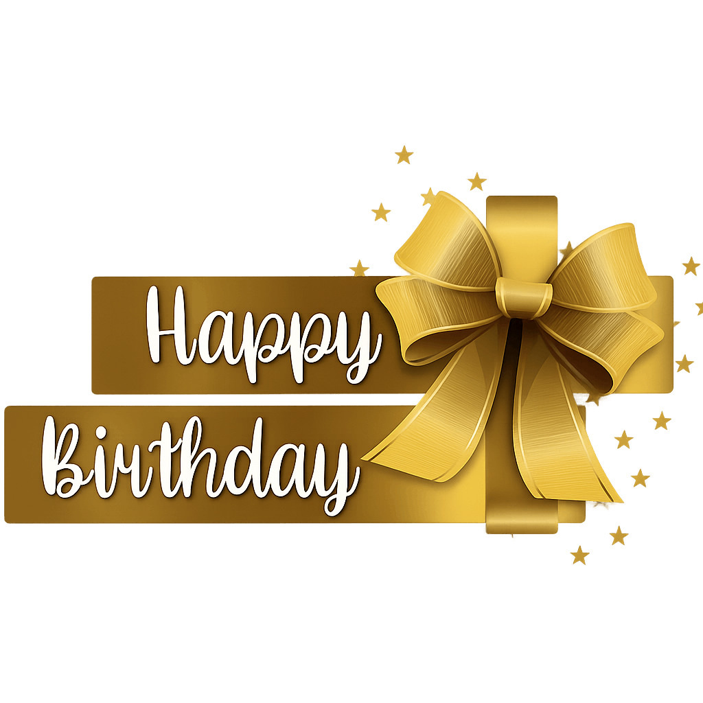 Golden Happy Birthday Graphic with Elegant Bow and Star Accents on Transparent Background