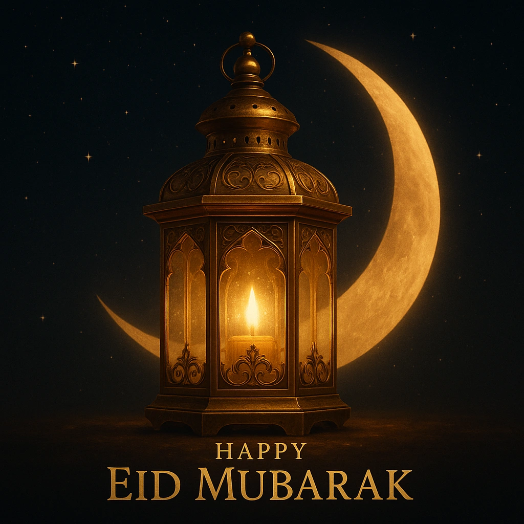 Golden Lantern with Crescent Moon for Eid Mubarak Celebration