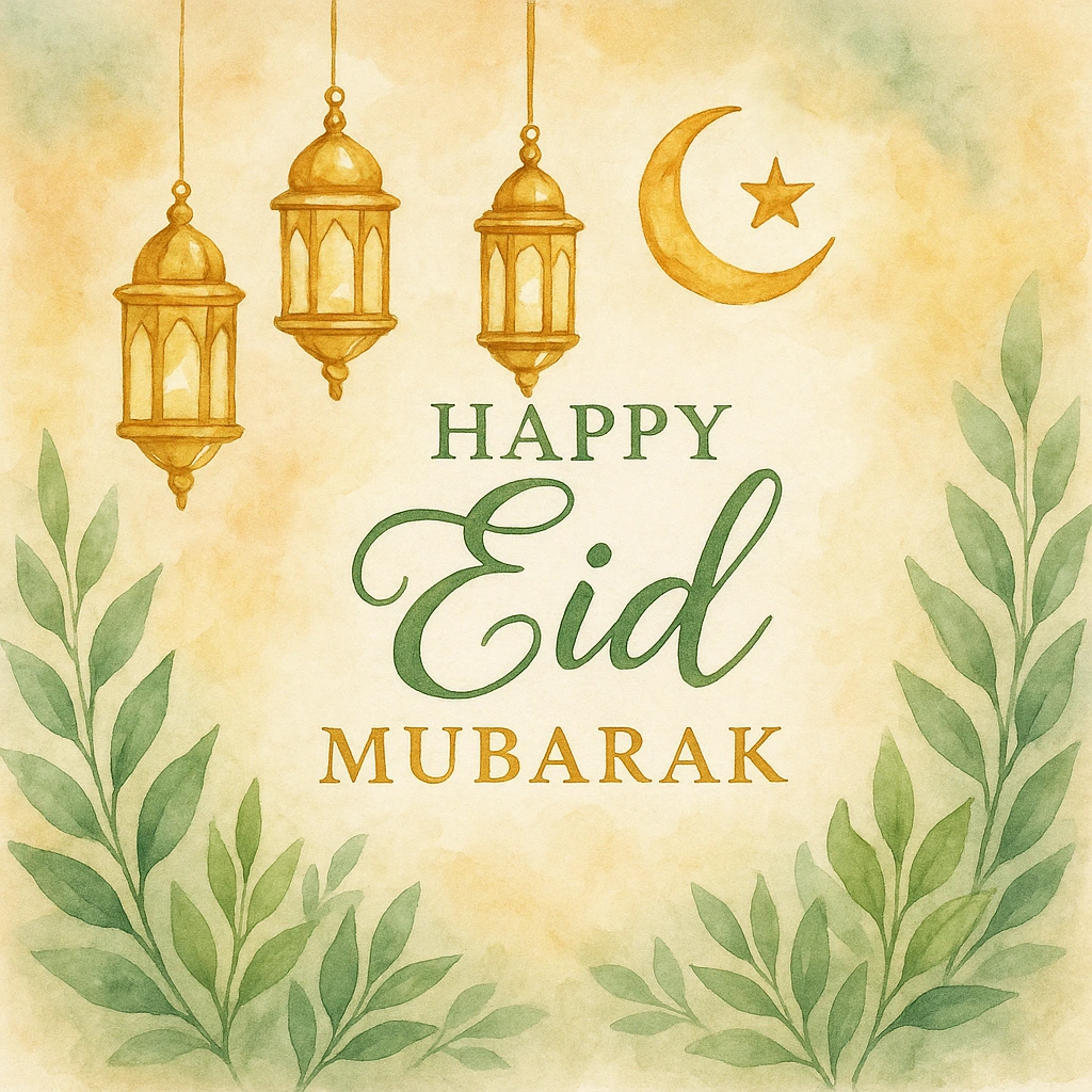 Golden Lanterns and Crescent Moon with Eid Mubarak Greeting