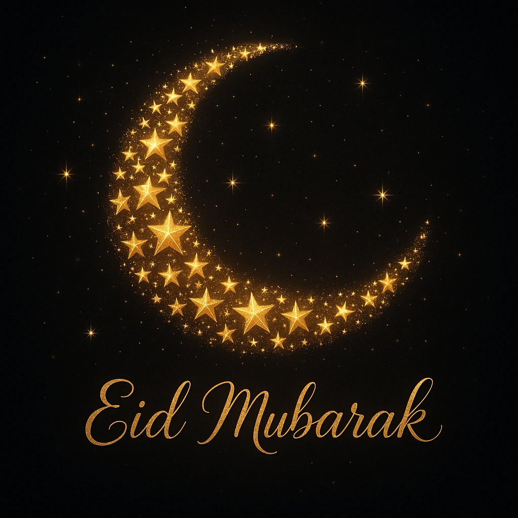 Golden Moon and Stars with Eid Mubarak on Black Background