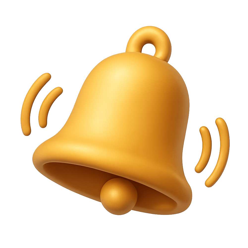 Golden Notification Bell Icon with Vibrations on Transparent Background