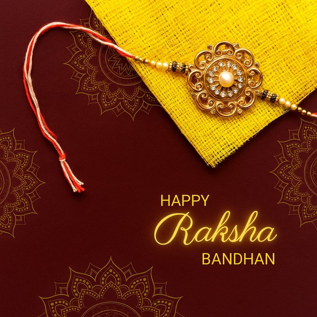 Golden Rakhi for Raksha Bandhan on Festive Yellow and Red Background