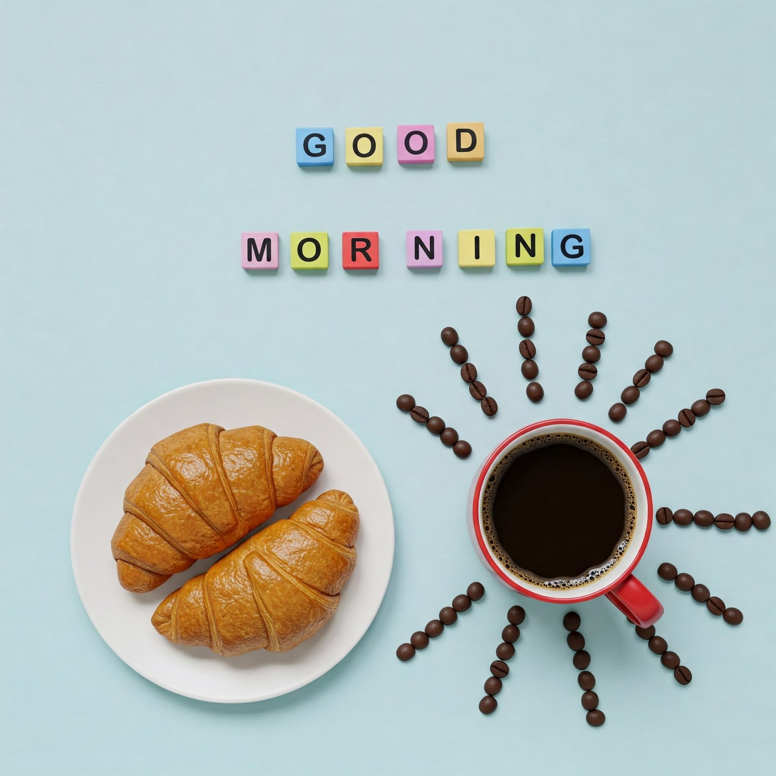 Good Morning Breakfast with Coffee, Croissants, and Decorative Coffee Beans